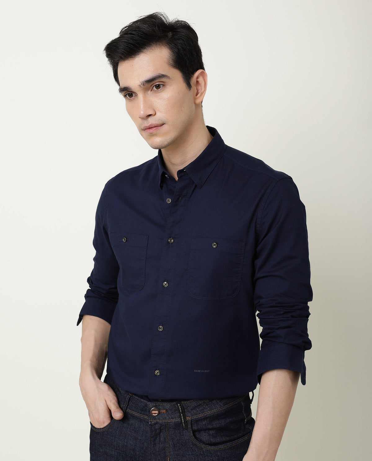 RARE RABBIT HARRINBONE PRIMARY NAVY SHIRT COTTON FABRIC FULL SLEEVE SPREAD COLLAR SLIM FIT