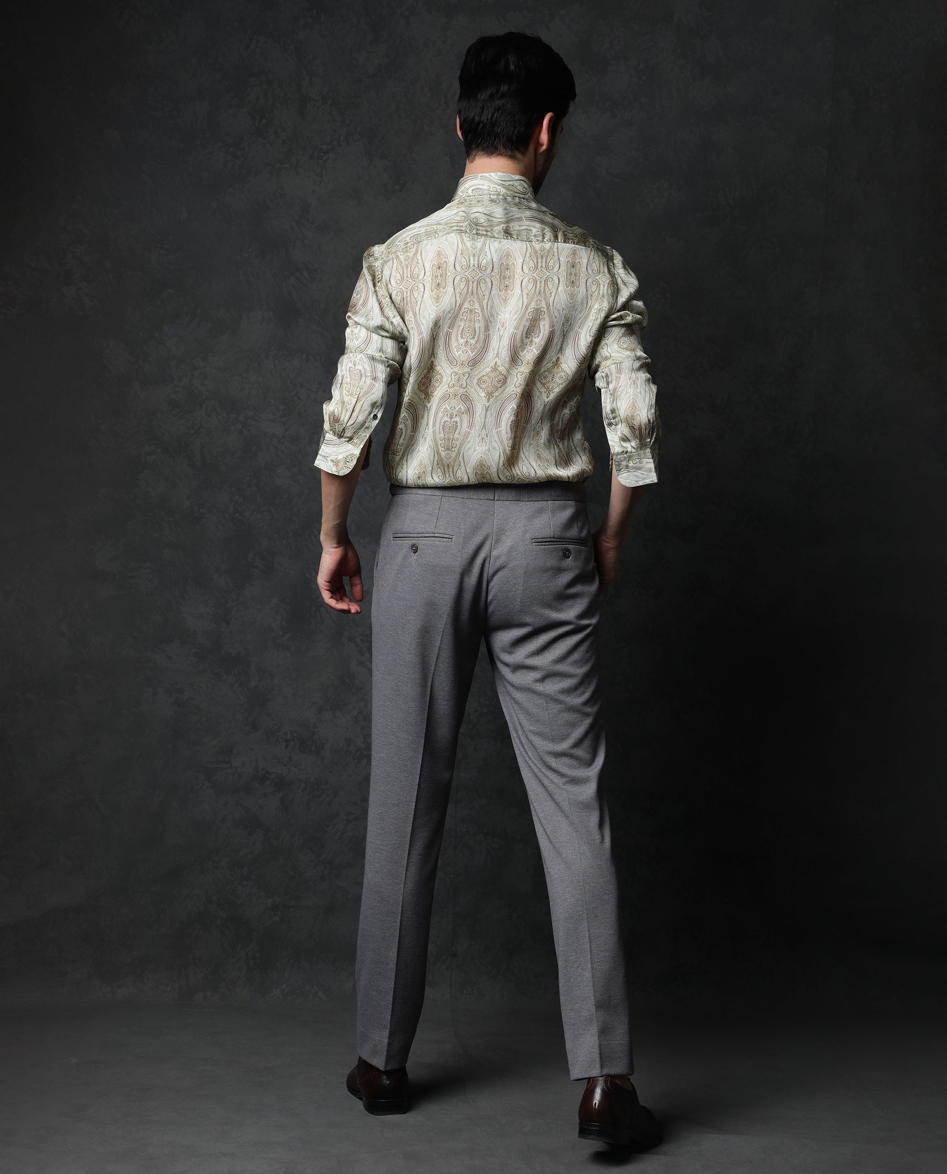 Rare Rabbit Men's Fable Light Olive Satin Paisley Print Full Sleeves Shirt