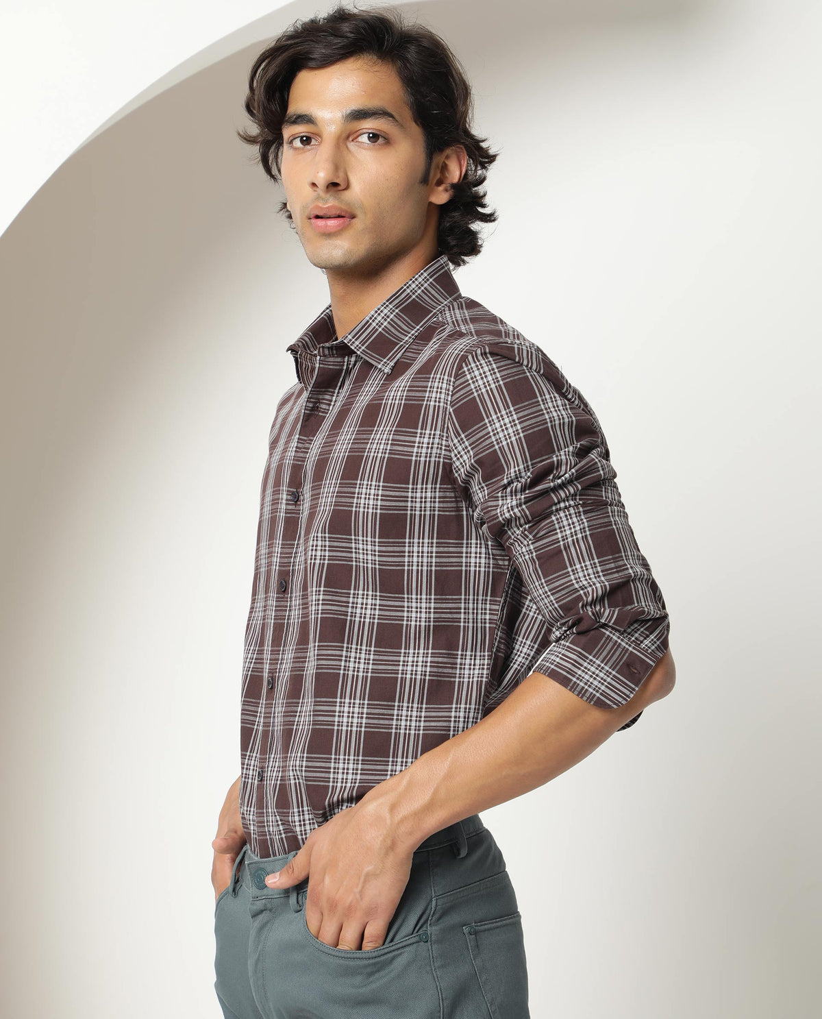 Rare Rabbit Men's Frazey Brown Cotton Fabric Full Sleeves Checks Shirt