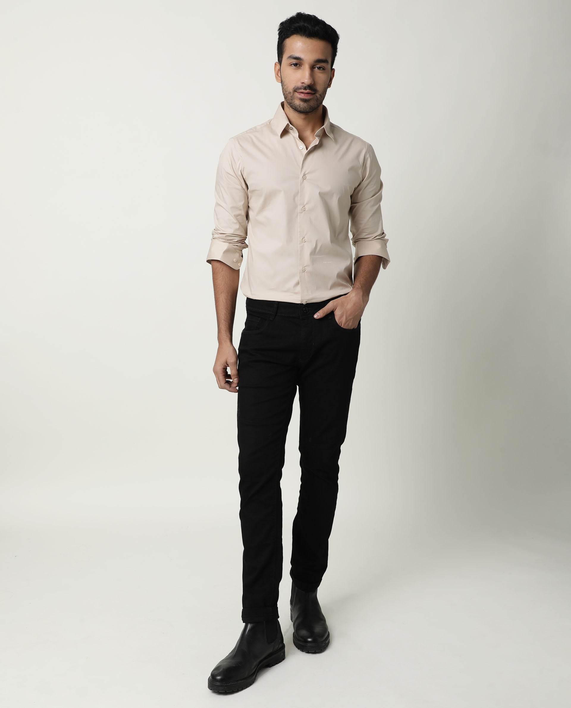 Rare Rabbit Men's Neutrons Beige Cotton Polyester Fabric Full Sleeves Solid Shirt