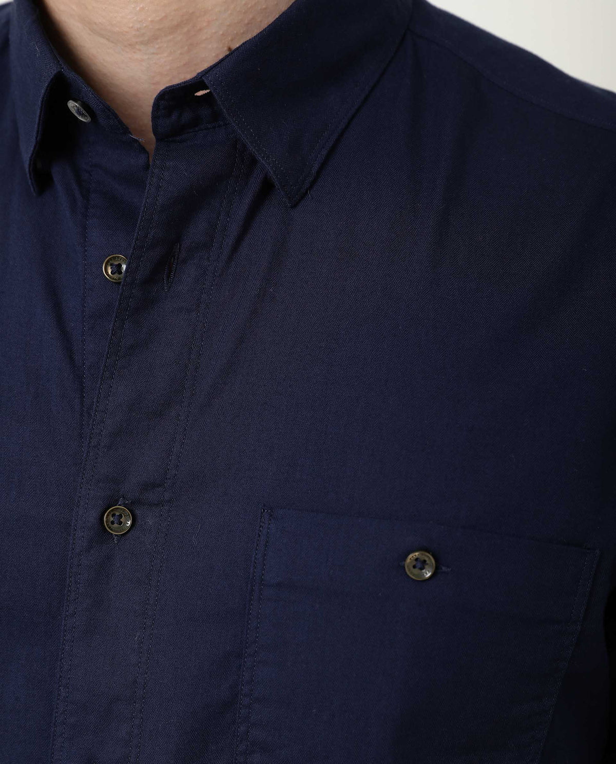 RARE RABBIT HARRINBONE PRIMARY NAVY SHIRT COTTON FABRIC FULL SLEEVE SPREAD COLLAR SLIM FIT