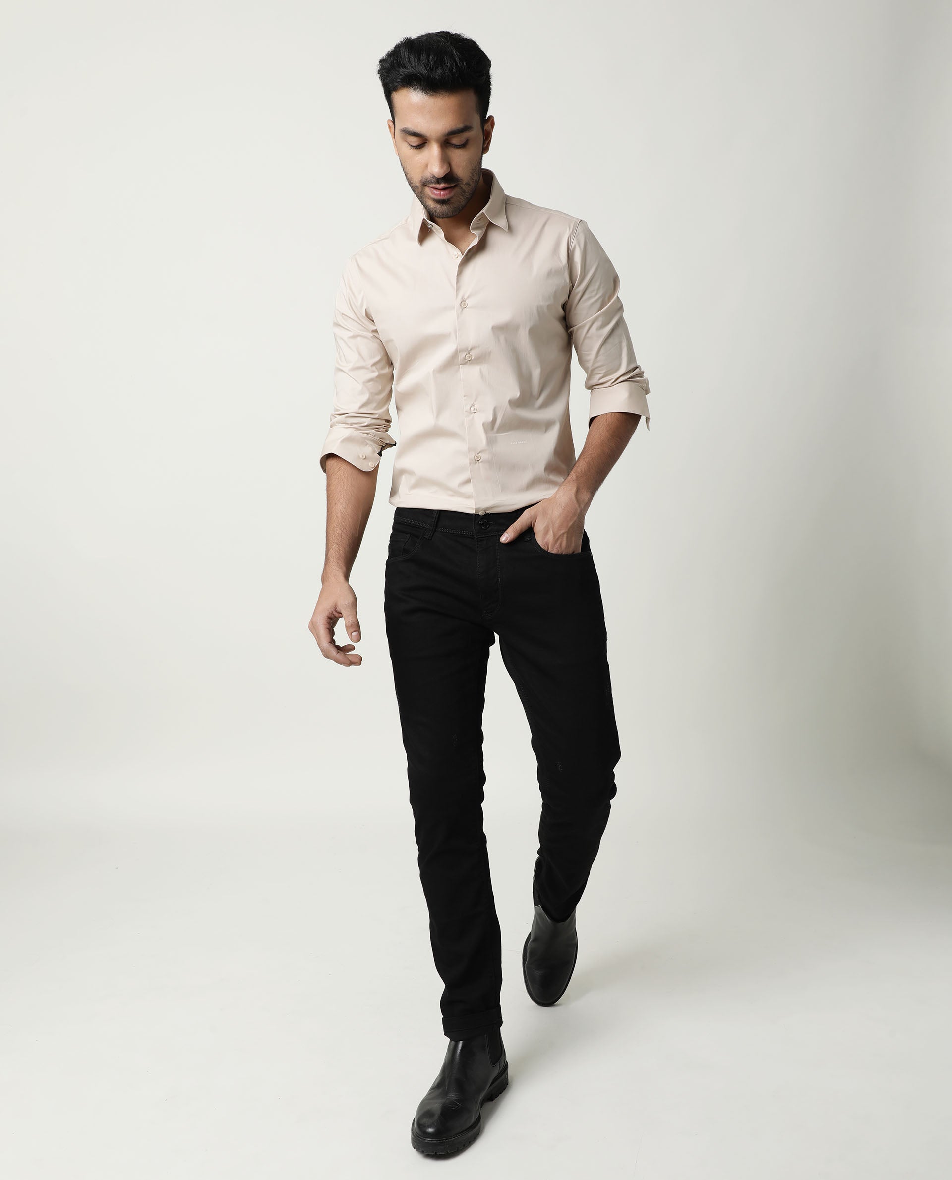 Rare Rabbit Men's Neutrons Beige Cotton Polyester Fabric Full Sleeves Solid Shirt