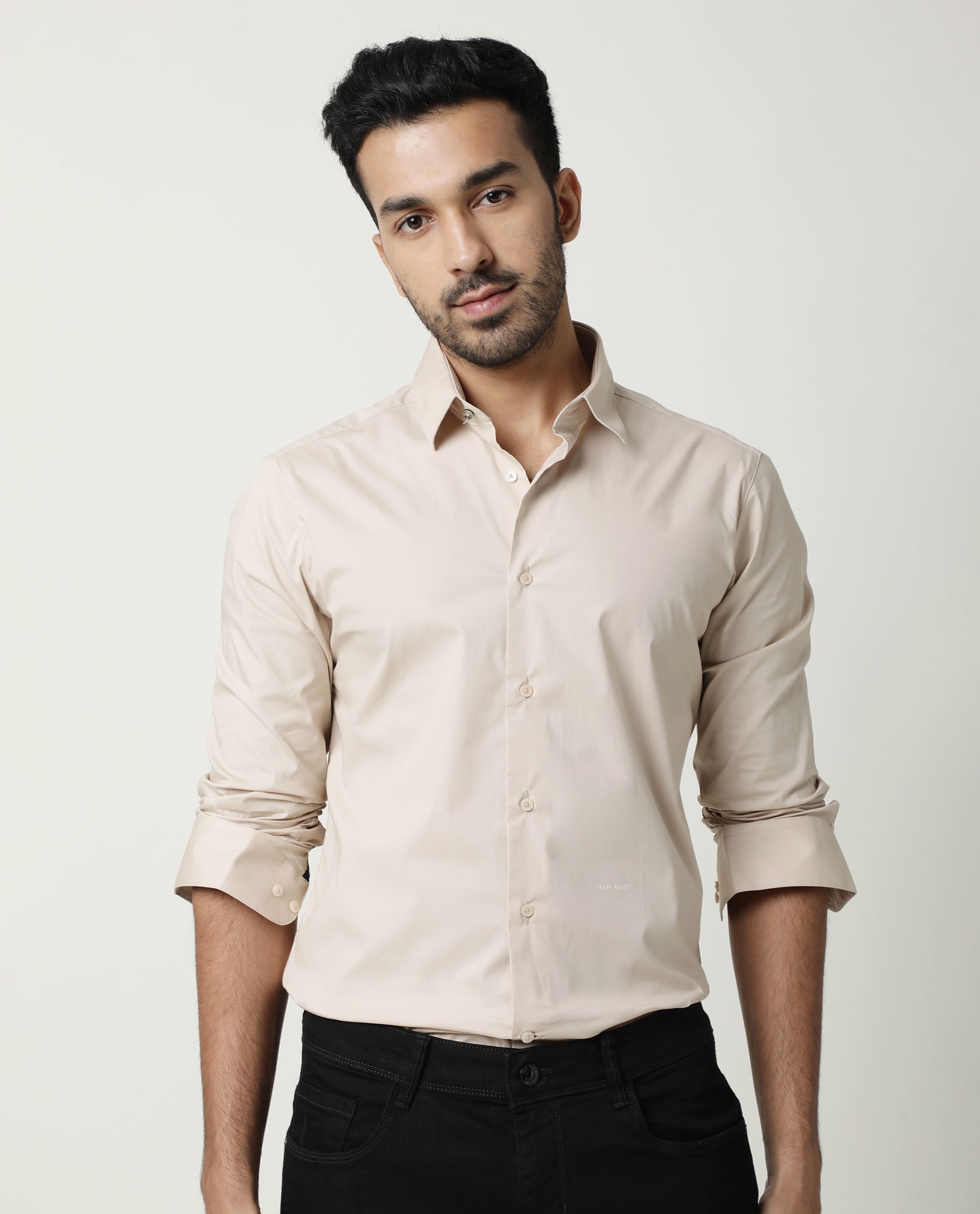 Rare Rabbit Men's Neutrons Beige Cotton Polyester Fabric Full Sleeves Solid Shirt