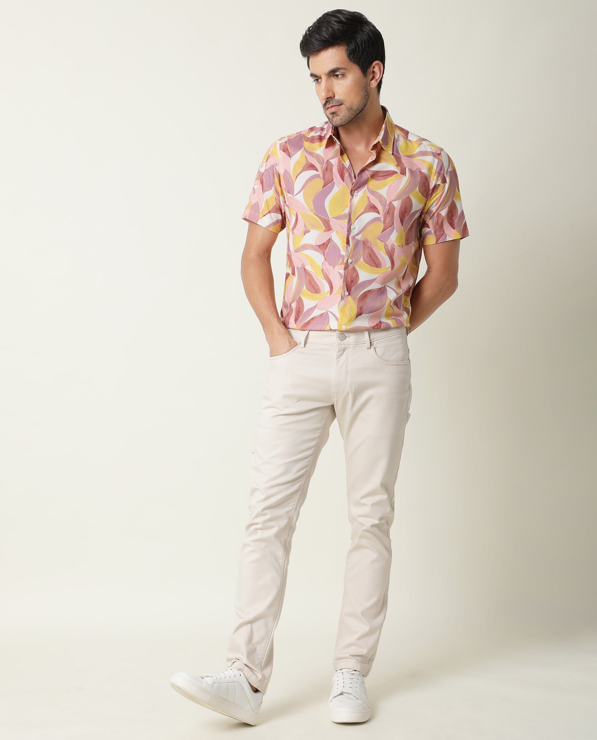 Rare Rabbit Men's Grafe Beige Viscose Fabric Half Sleeves Regular Fit Tropical Print Shirt