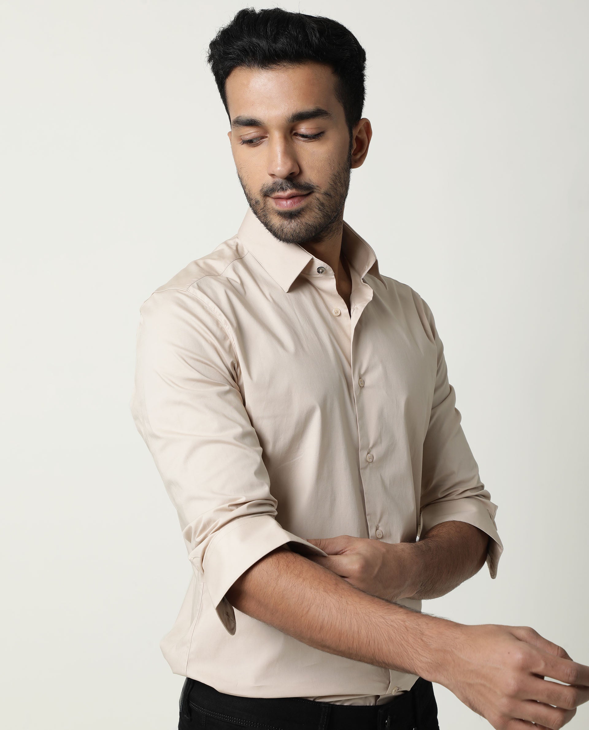 Rare Rabbit Men's Neutrons Beige Cotton Polyester Fabric Full Sleeves Solid Shirt