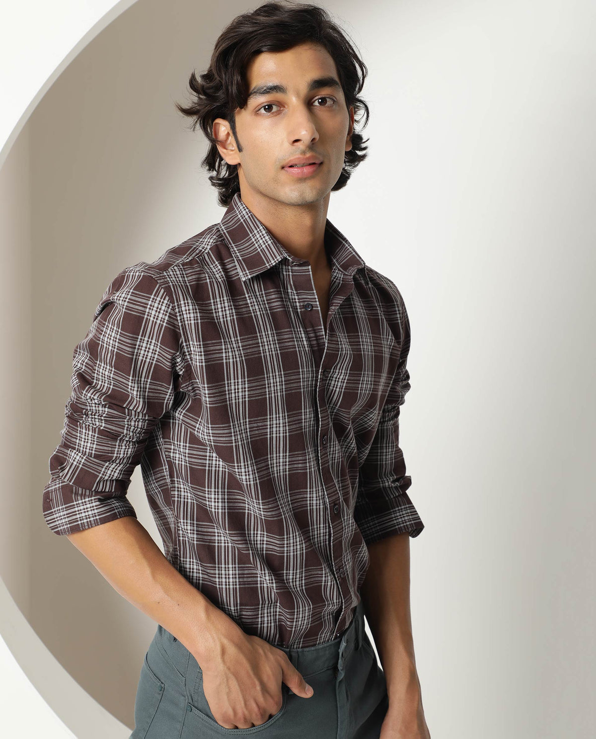 Rare Rabbit Men's Frazey Brown Cotton Fabric Full Sleeves Checks Shirt