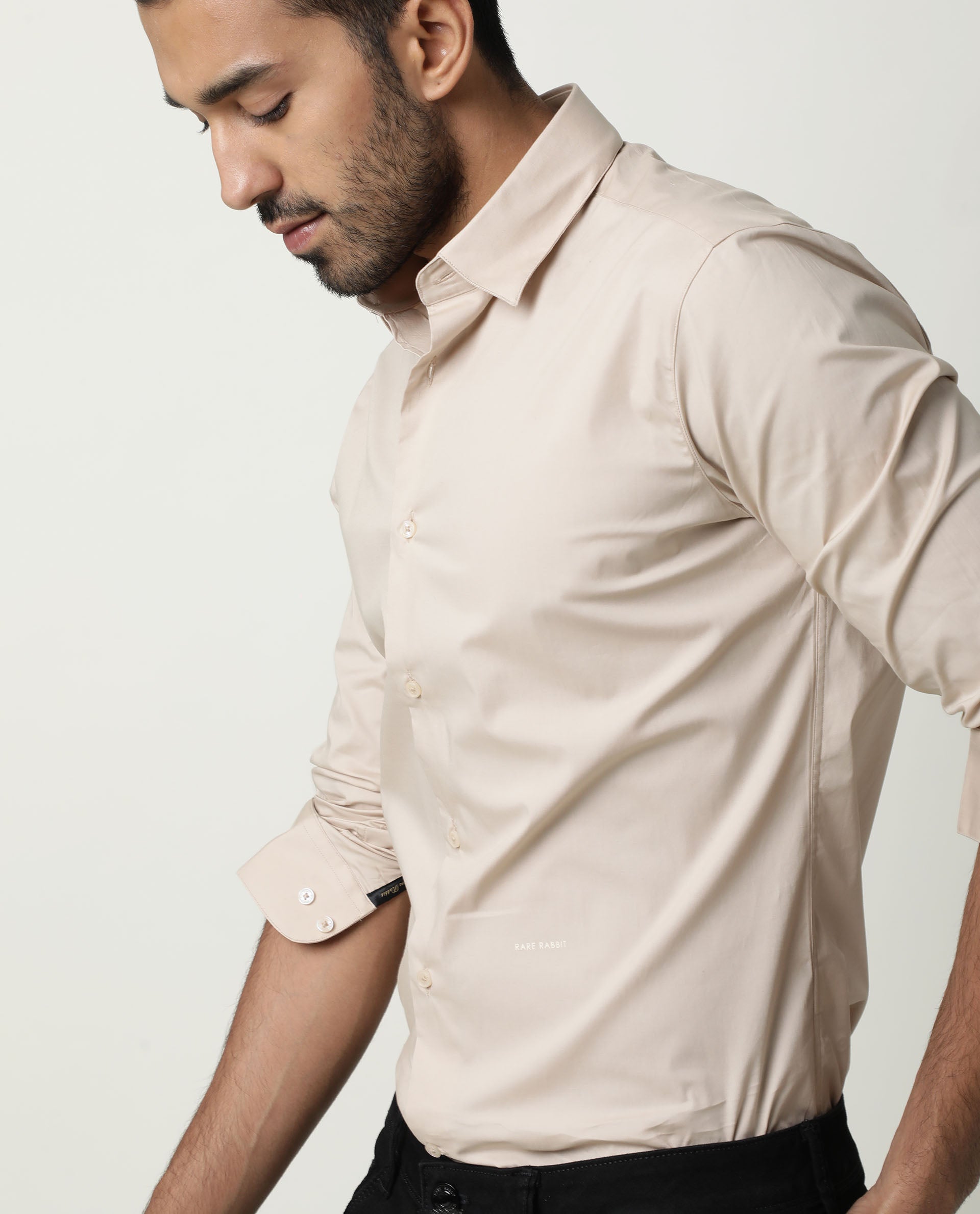 Rare Rabbit Men's Neutrons Beige Cotton Polyester Fabric Full Sleeves Solid Shirt