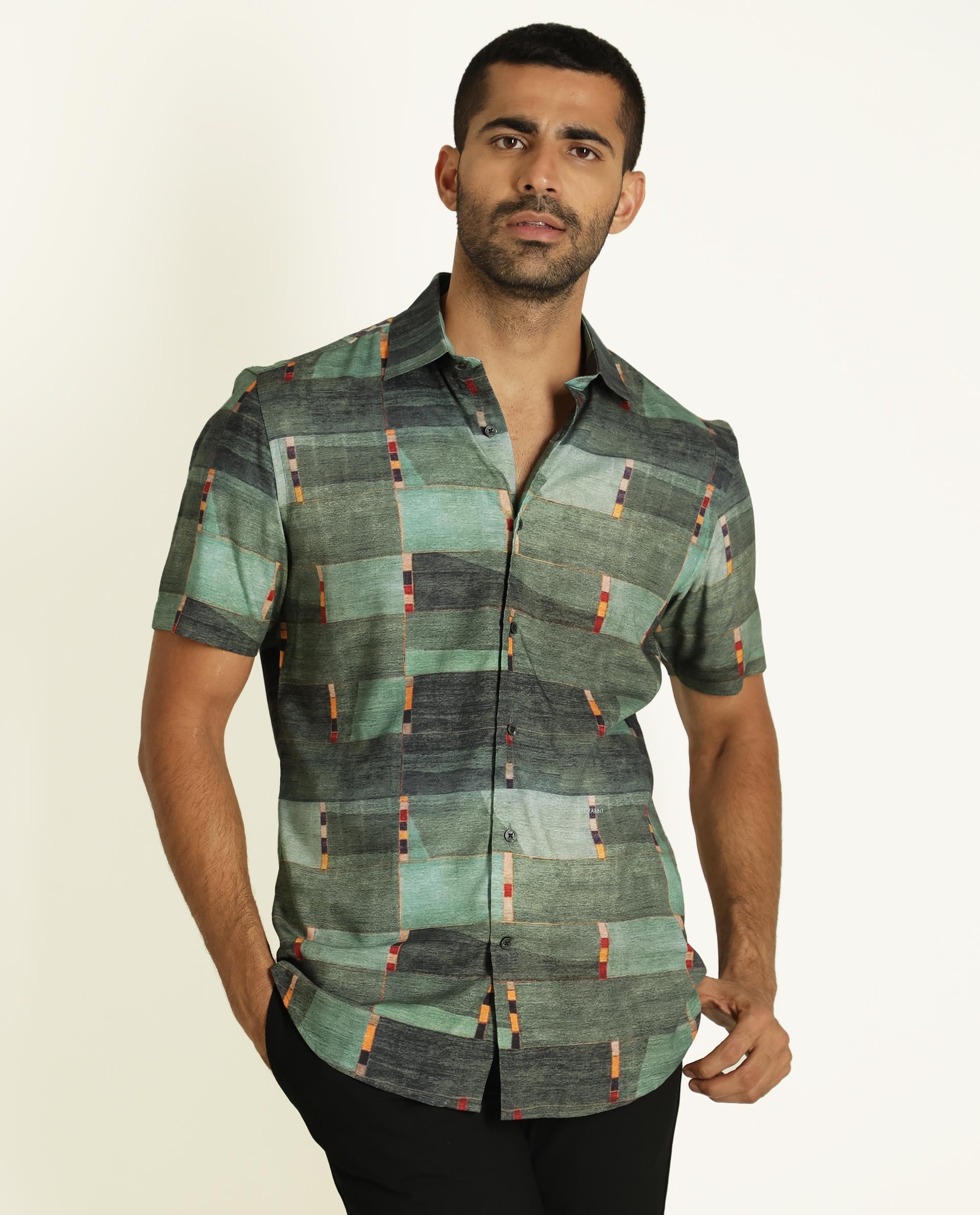Rare Rabbit Men's Cashco Green Viscose Fabric Abstract Print Half Sleeves Shirt