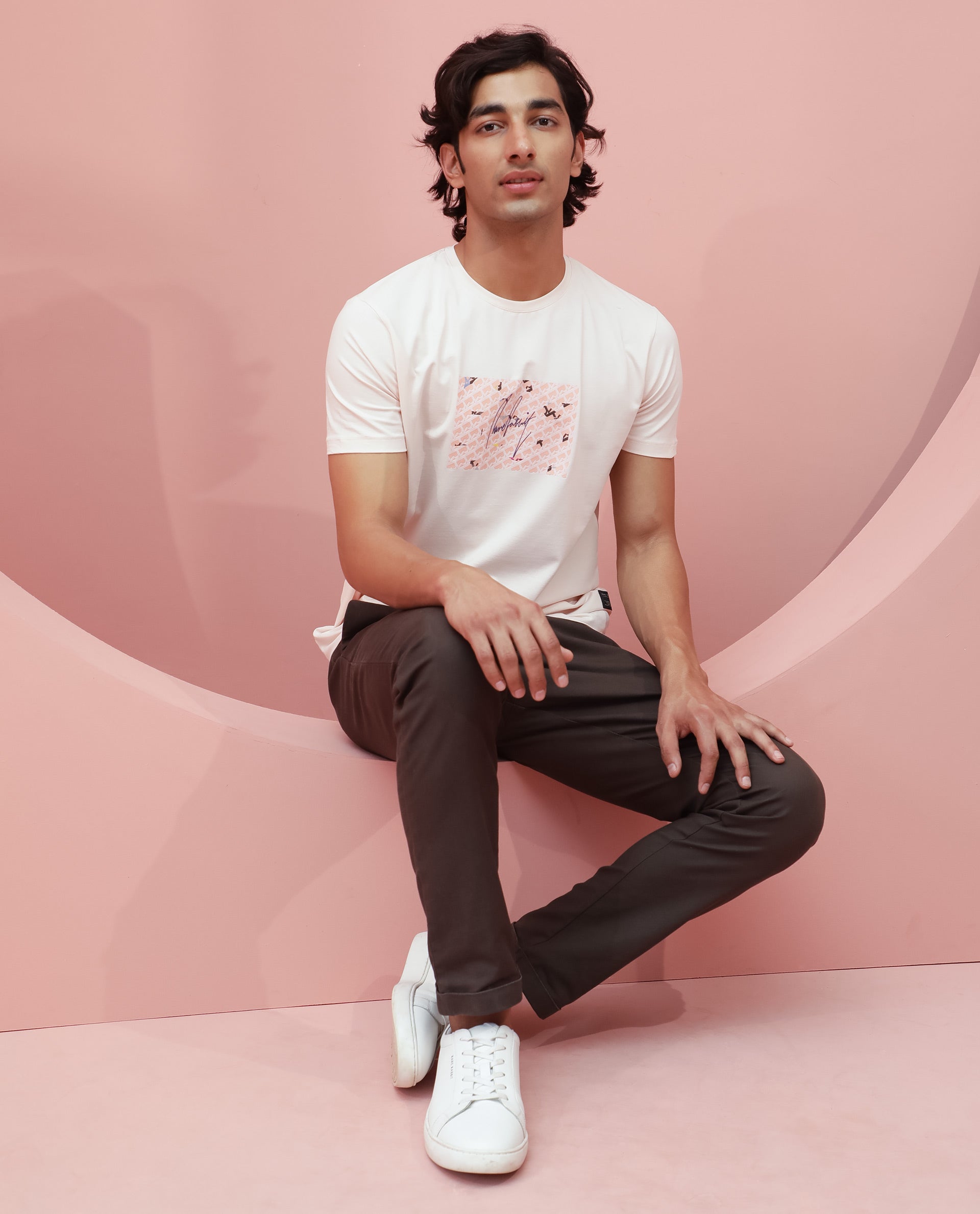 Rare Rabbit Men's Antile Peach Cotton Lycra Fabric Crew Neck Half Sleeves Regular Fit Graphic Print Monogram T-Shirt