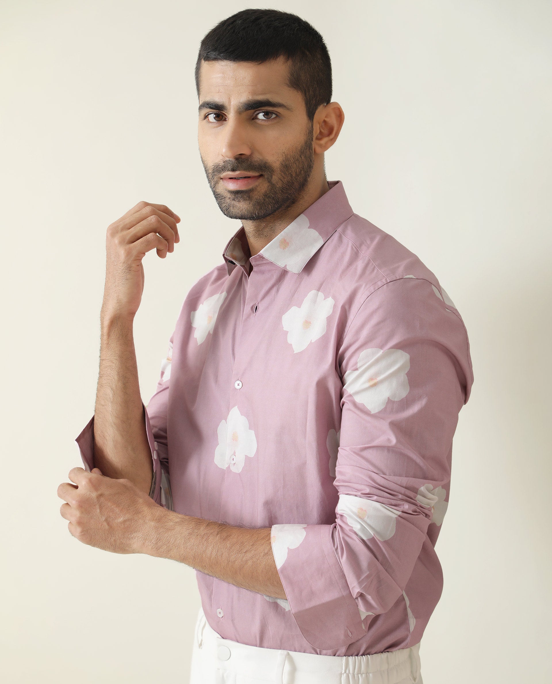 Rare Rabbit Men's Cromer Light Purple Cotton Fabric Floral Print Full Sleeves Shirt