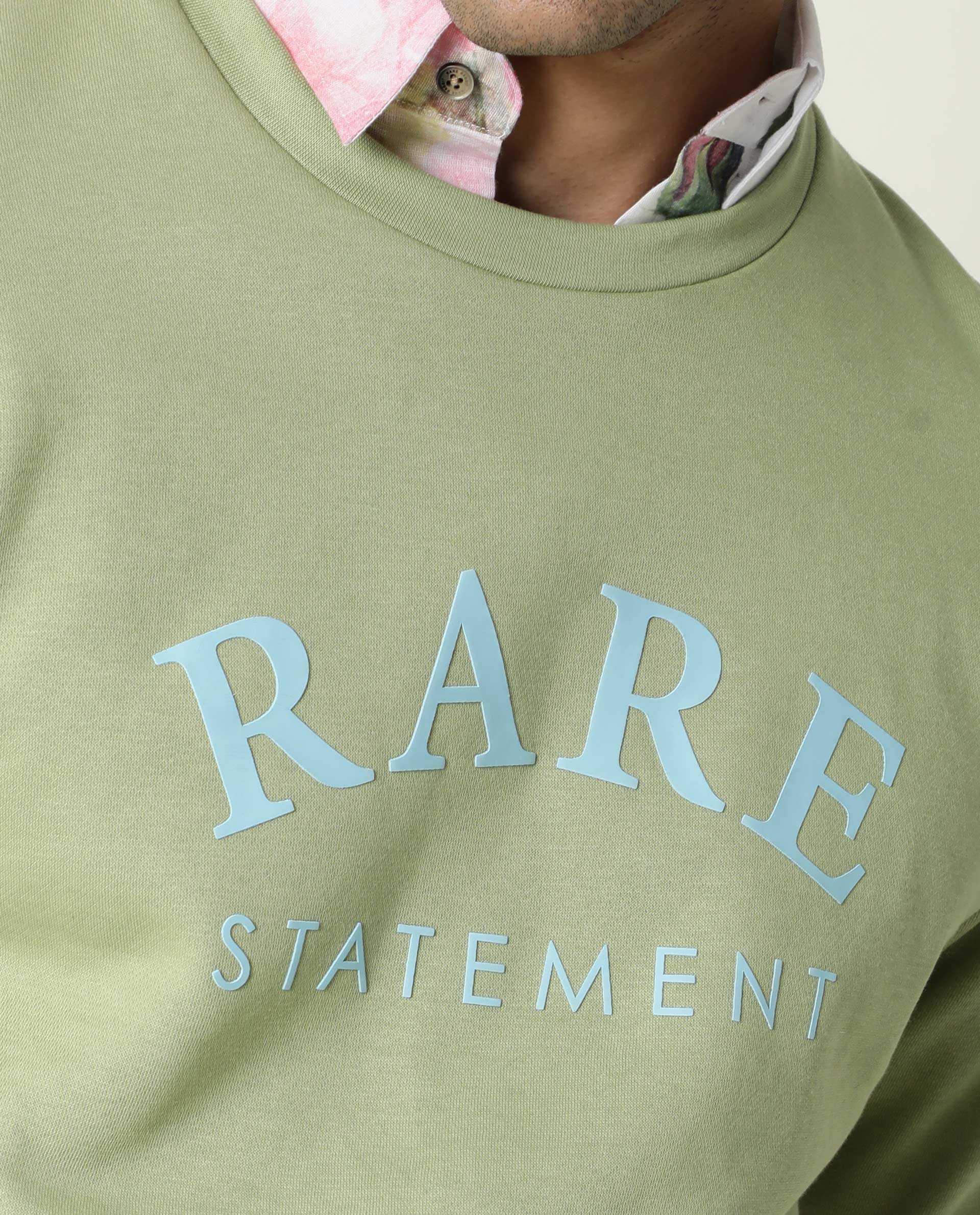 Rare Rabbit Men's Raven Pastel Green Cotton Polyester Fabric Full Sleeves Graphic Print Knit Sweatshirt