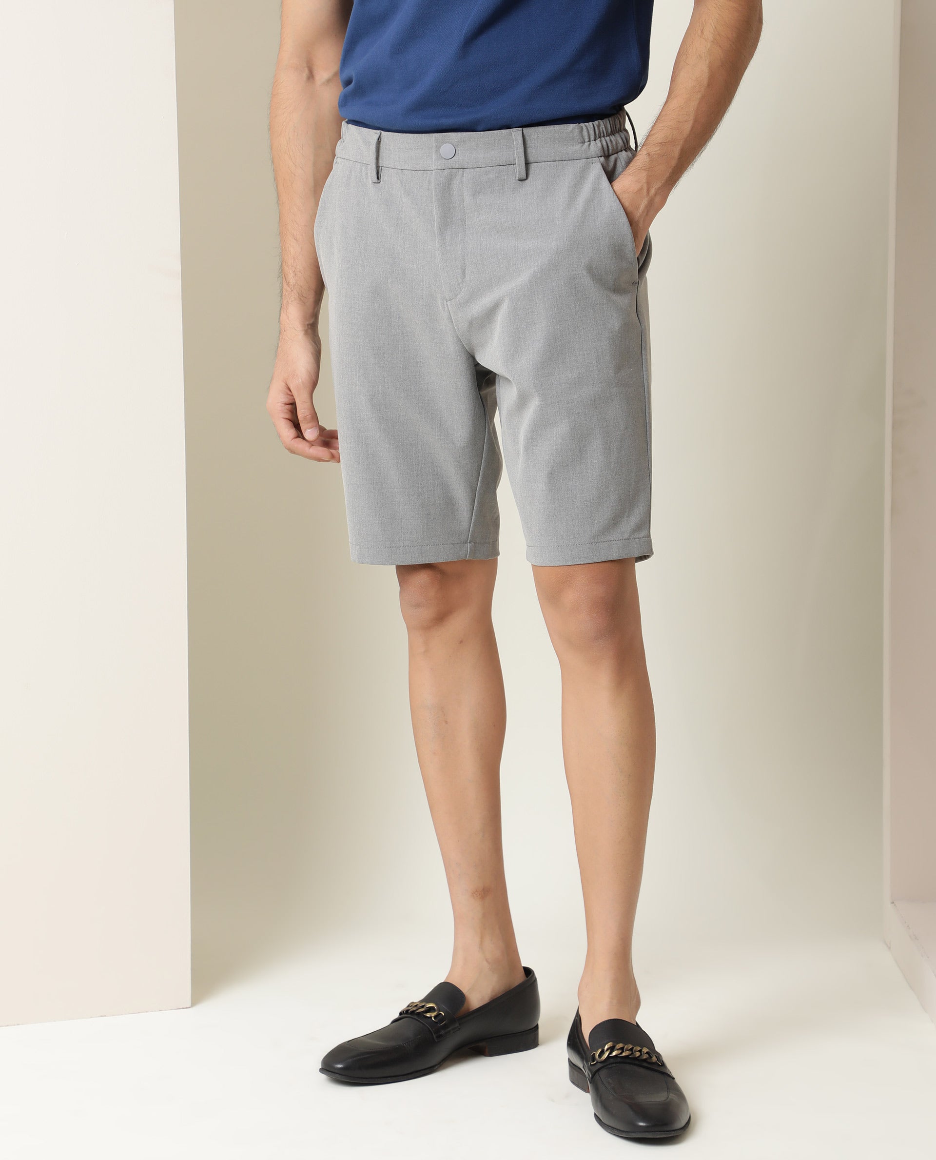 Rare Rabbit Men's Trip Grey Regular Fit Mid Rise Knee Length Shorts