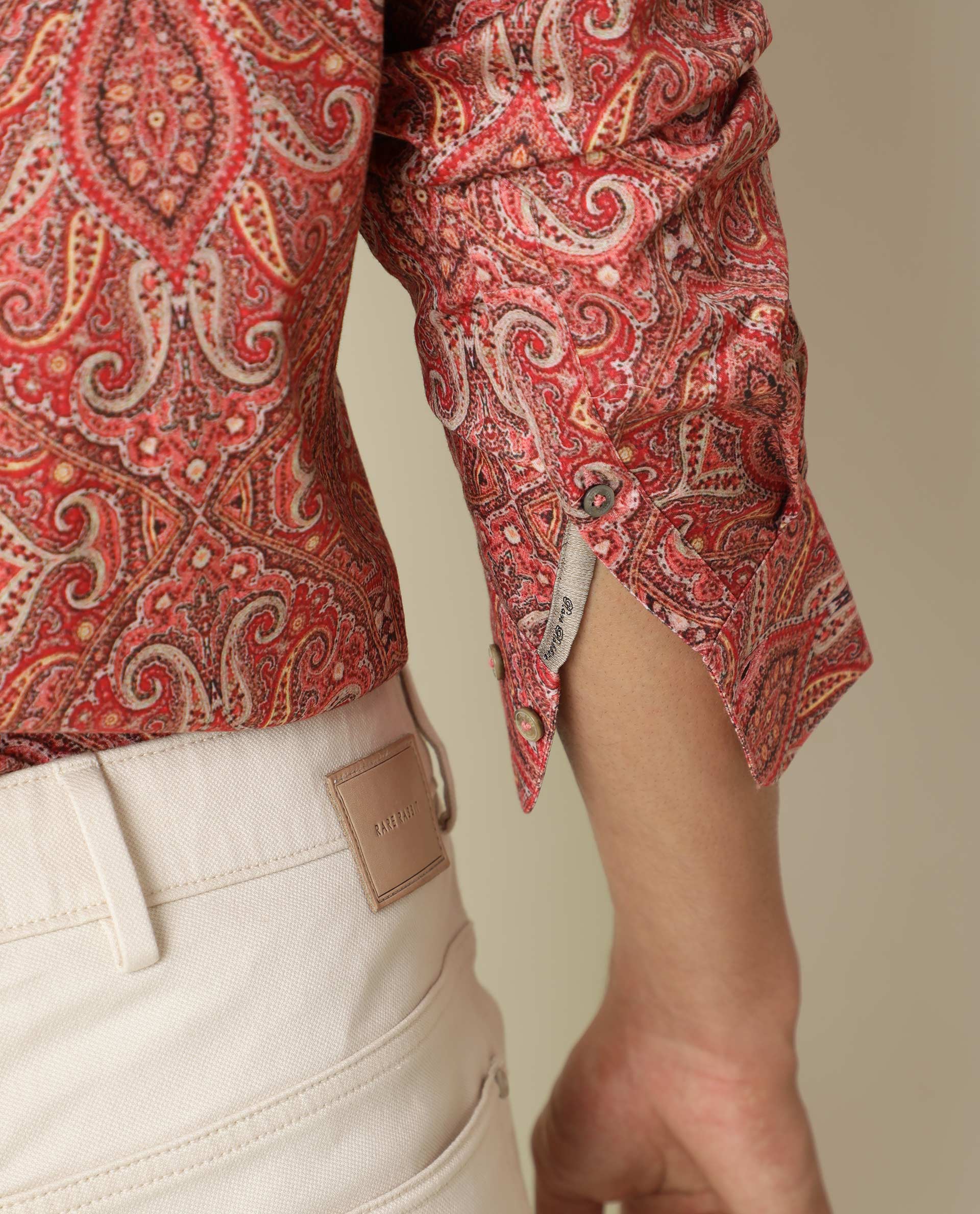 Rare Rabbit Men's Moire Red Cotton Fabric Paisley Print Full Sleeves Shirt