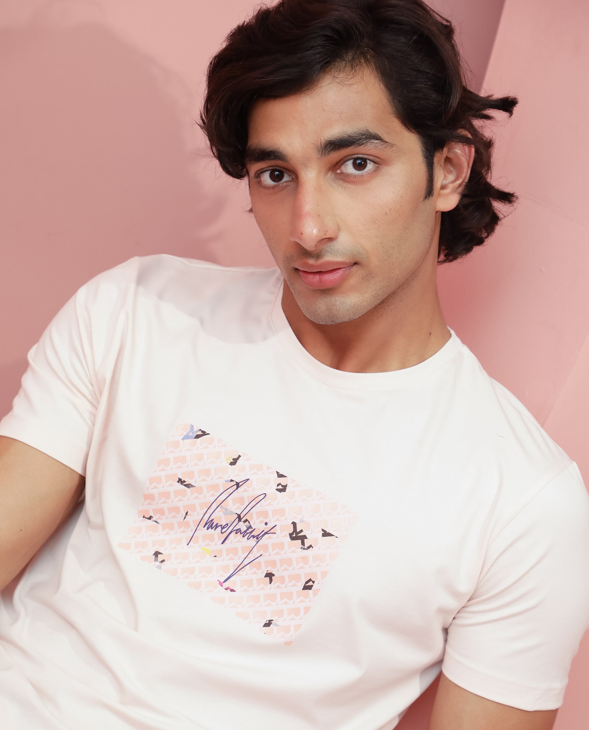 Rare Rabbit Men's Antile Peach Cotton Lycra Fabric Crew Neck Half Sleeves Regular Fit Graphic Print Monogram T-Shirt