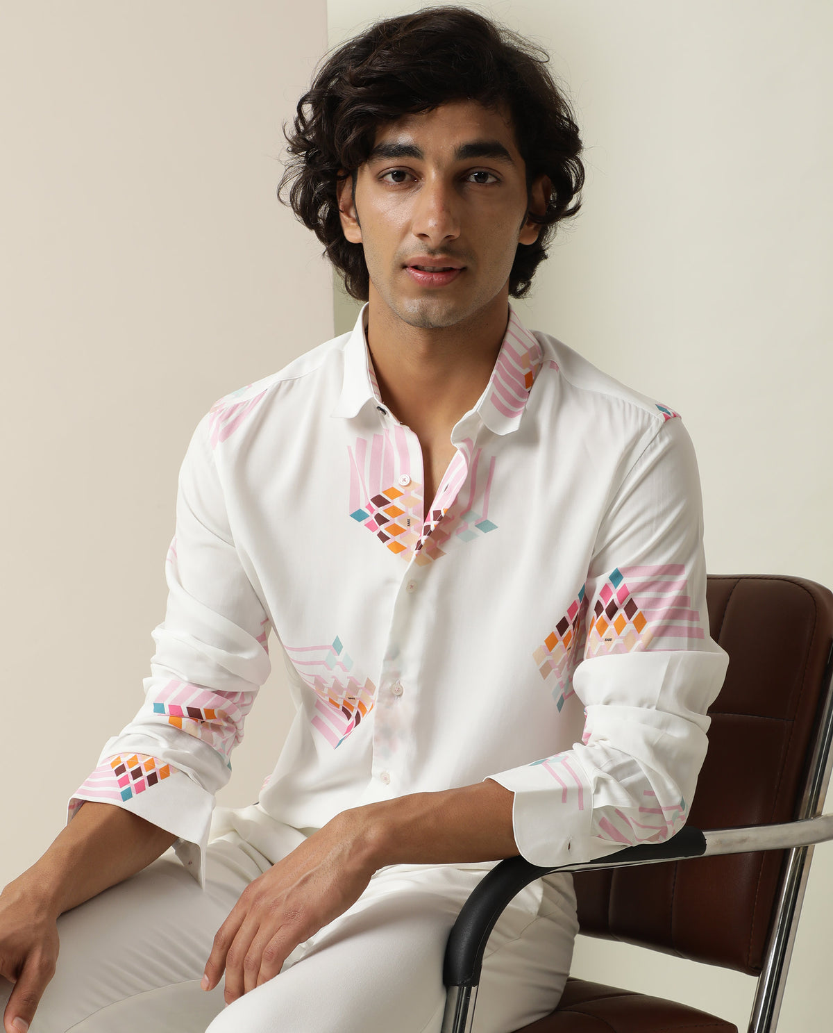 Rare Rabbit Men's Primet White Viscose Fabric Geometric Print Full Sleeves Shirt