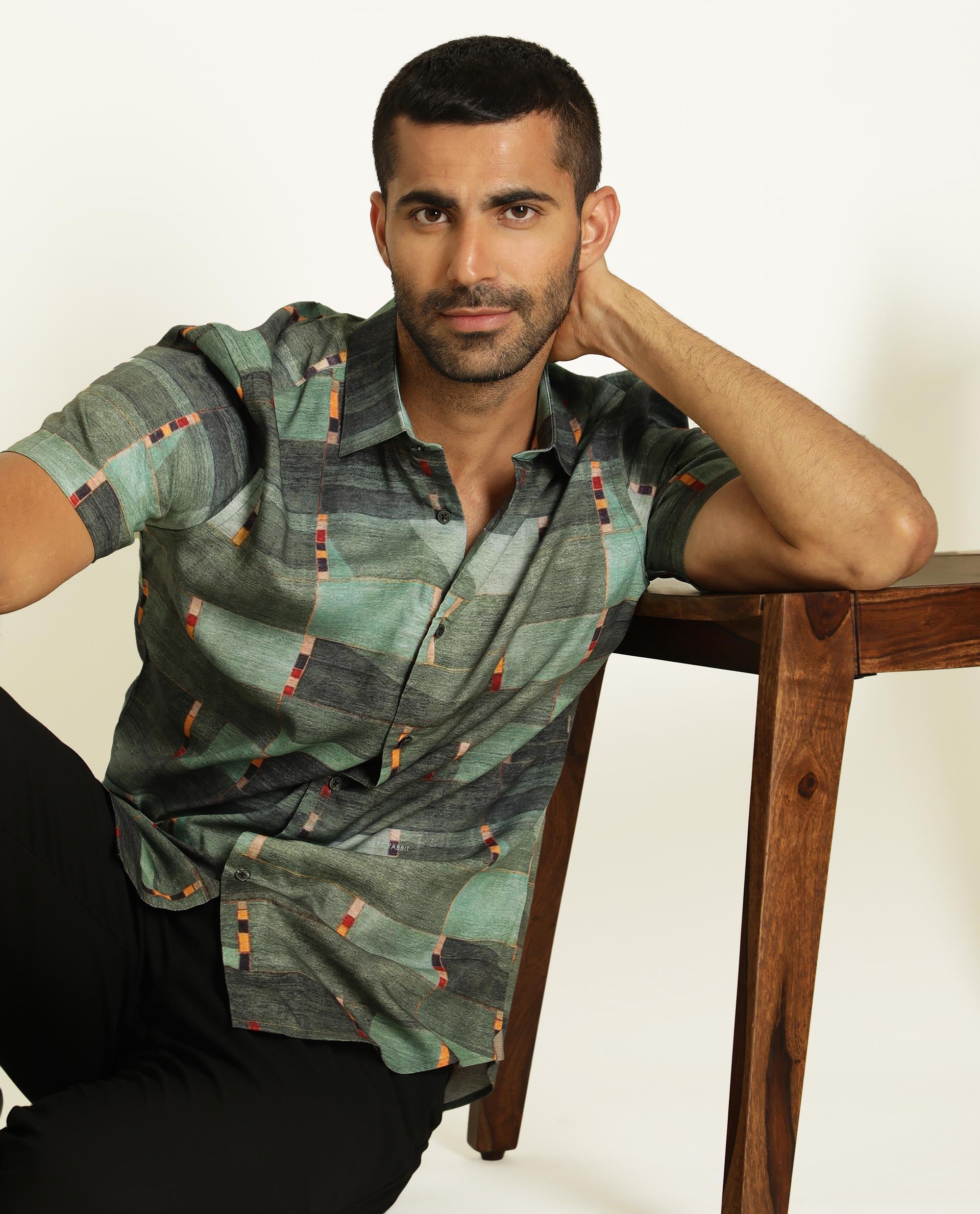 Rare Rabbit Men's Cashco Green Viscose Fabric Abstract Print Half Sleeves Shirt
