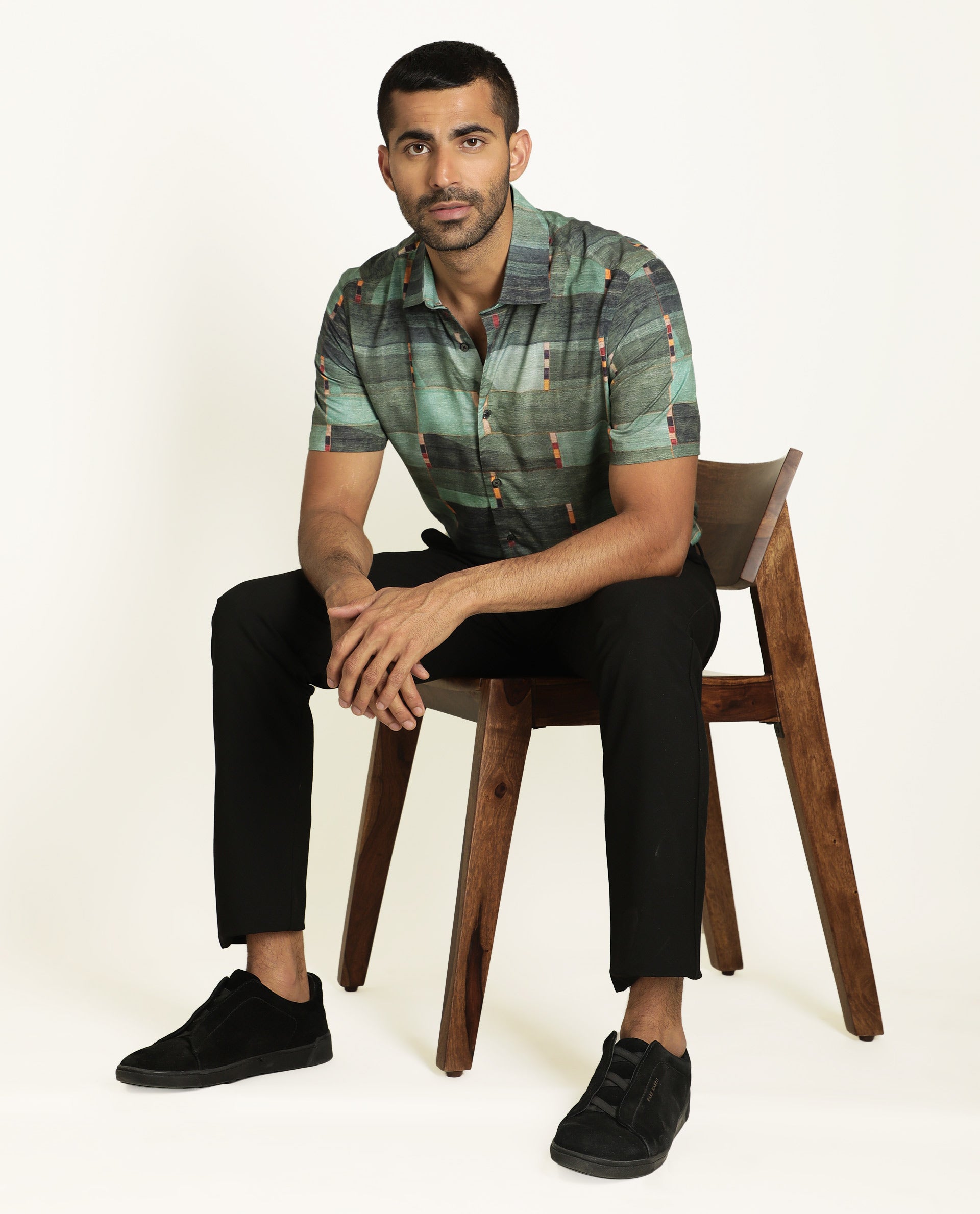 Rare Rabbit Men's Cashco Green Viscose Fabric Abstract Print Half Sleeves Shirt