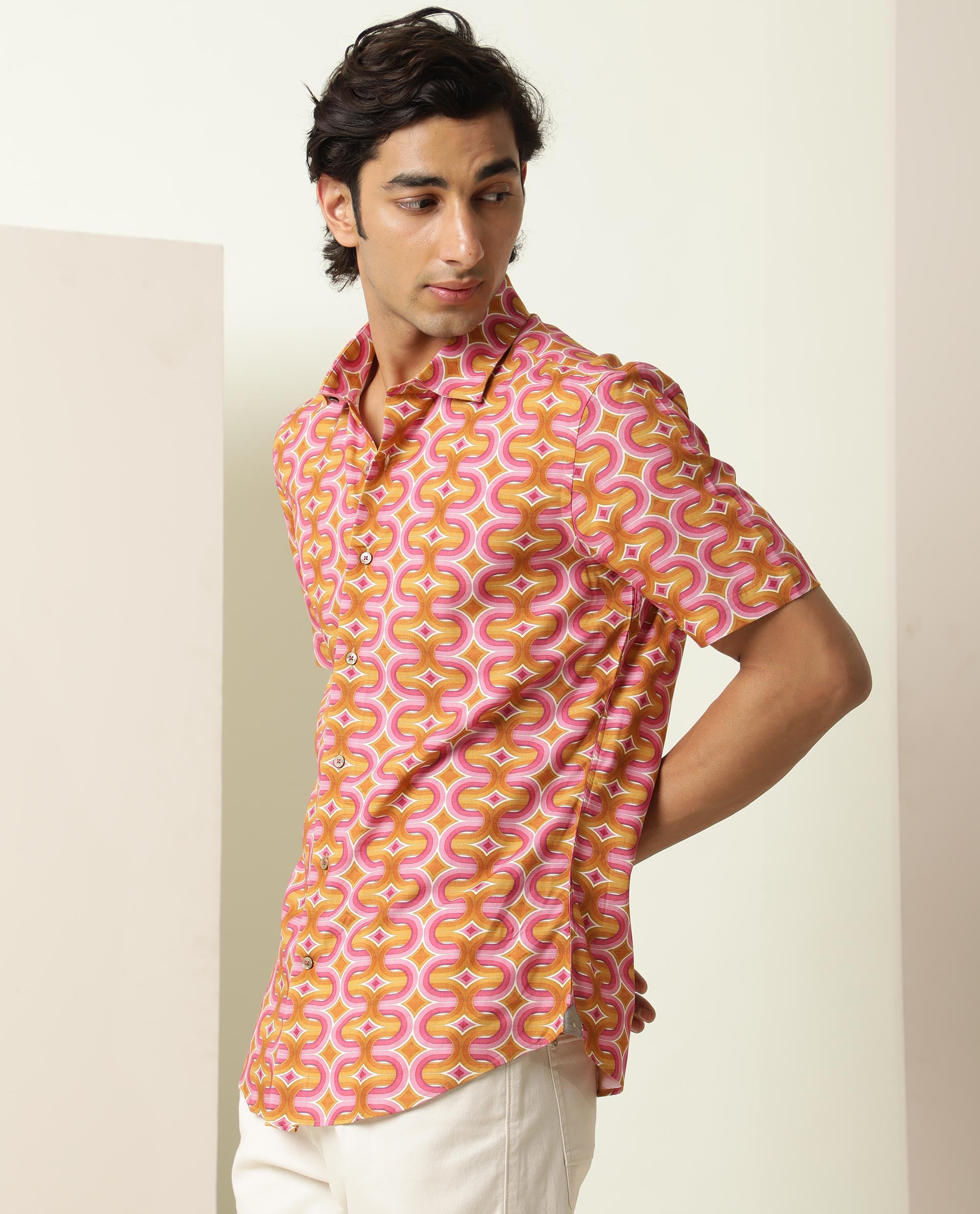 Rare Rabbit Men's Rebeus Multi Viscose Fabric Geometric Retro Print Half Sleeves Shirt