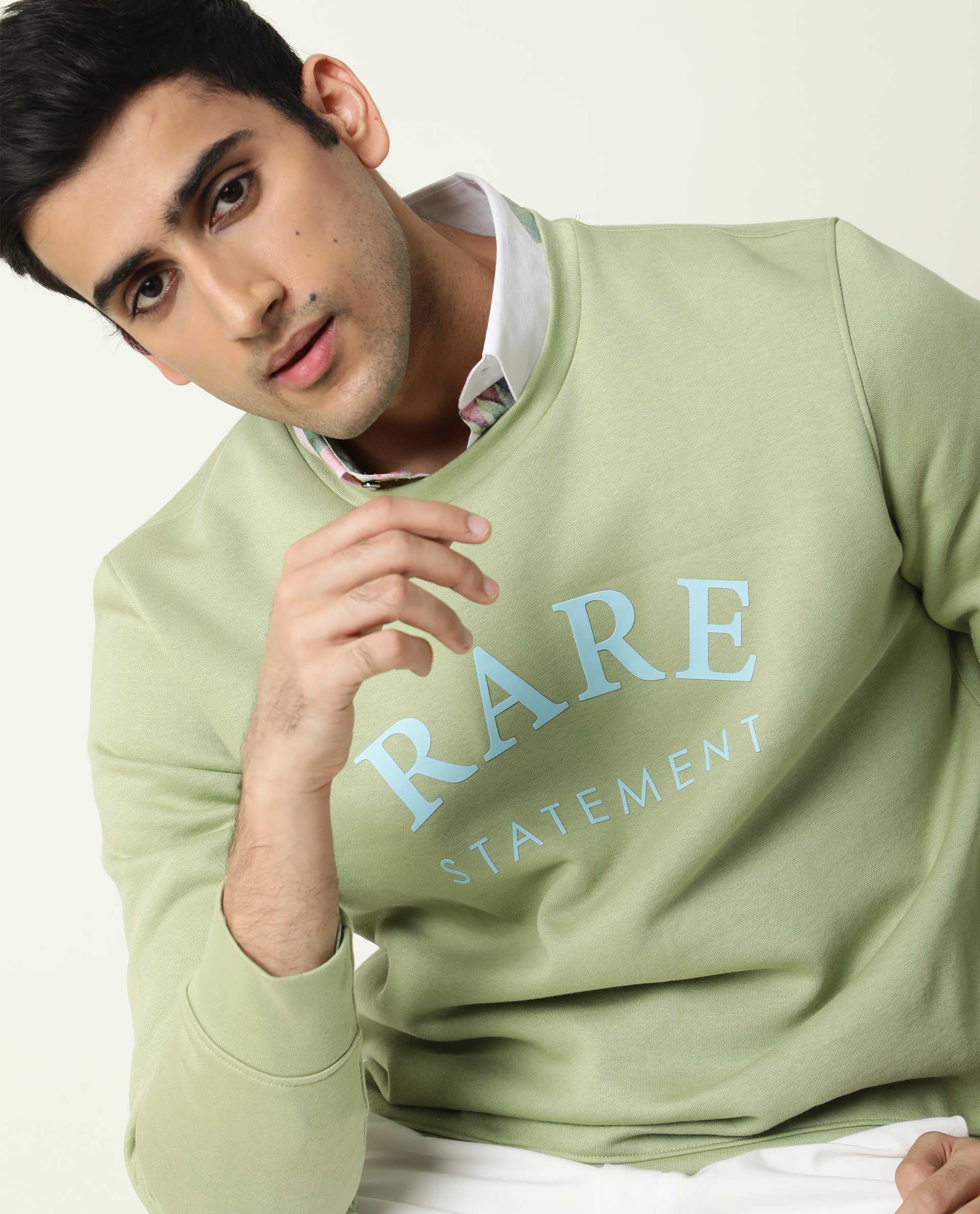 Rare Rabbit Men's Raven Pastel Green Cotton Polyester Fabric Full Sleeves Graphic Print Knit Sweatshirt