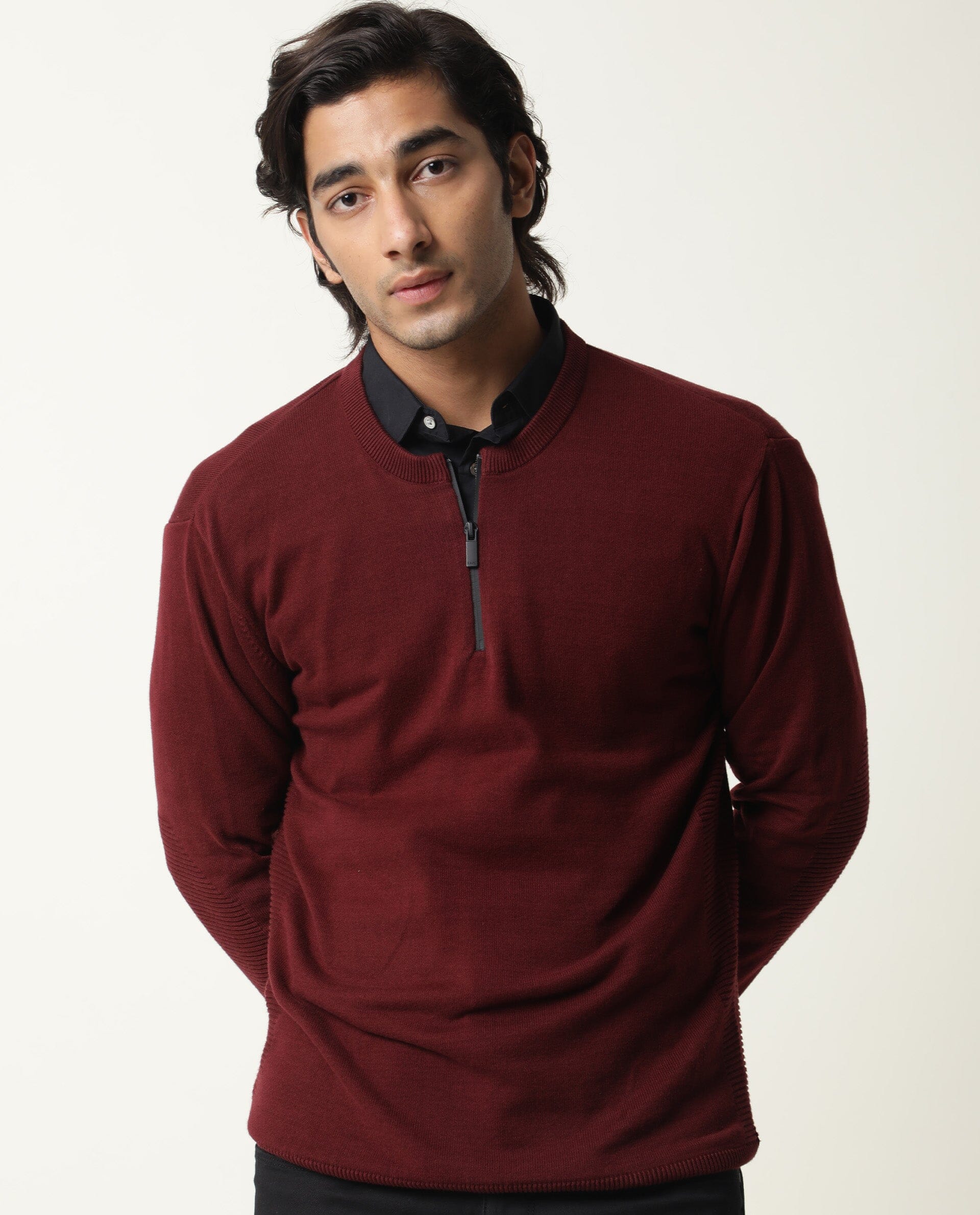 Rare Rabbit Men'S Rumbled Maroon Sweater Cotton Fabric Full Sleeves Zipper Closure Slim Fit