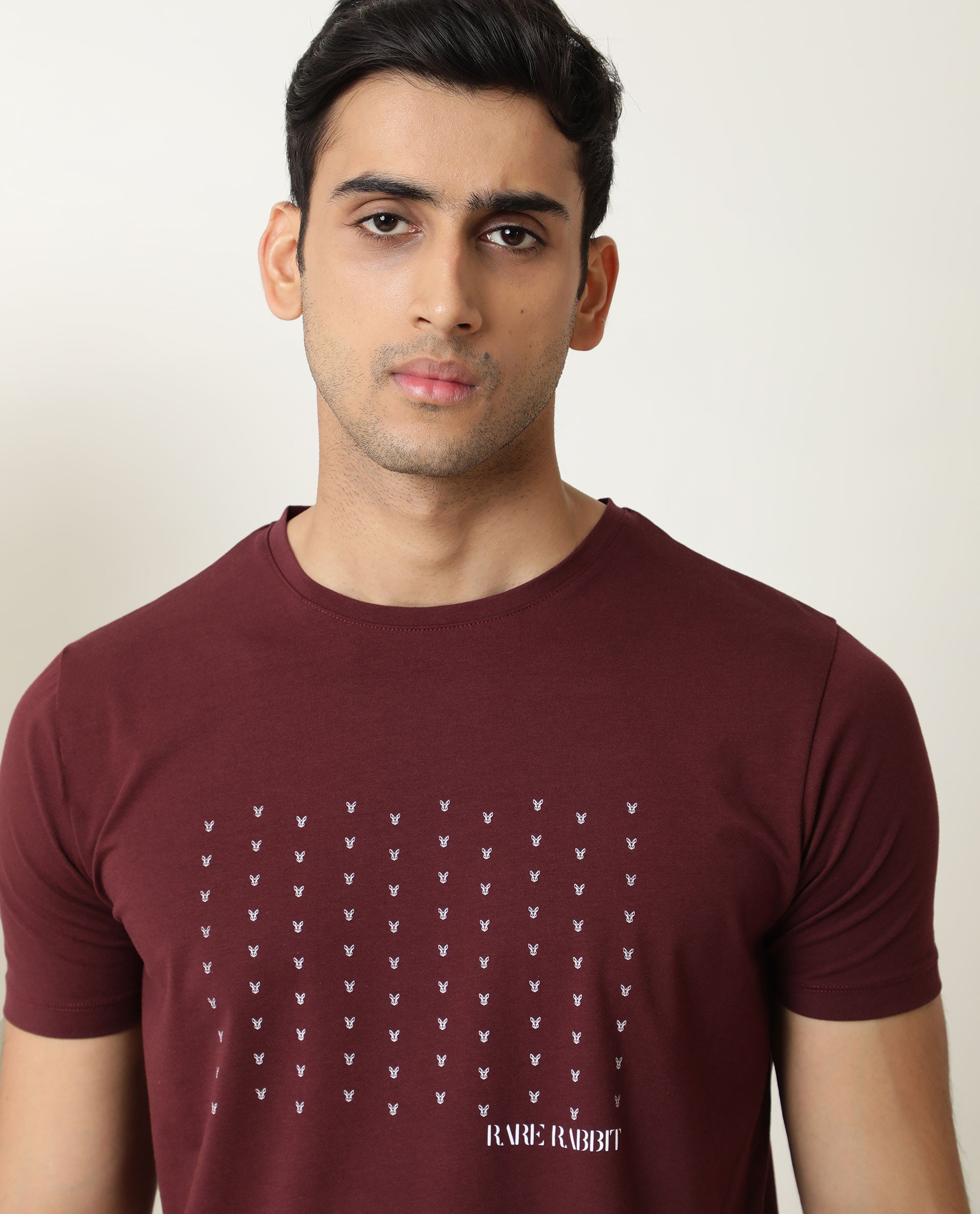 Rare Rabbit Men's Jitter Maroon Cotton Lycra Fabric Crew Neck Half Sleeves Regular Fit Graphic Printed Logo T-Shirt