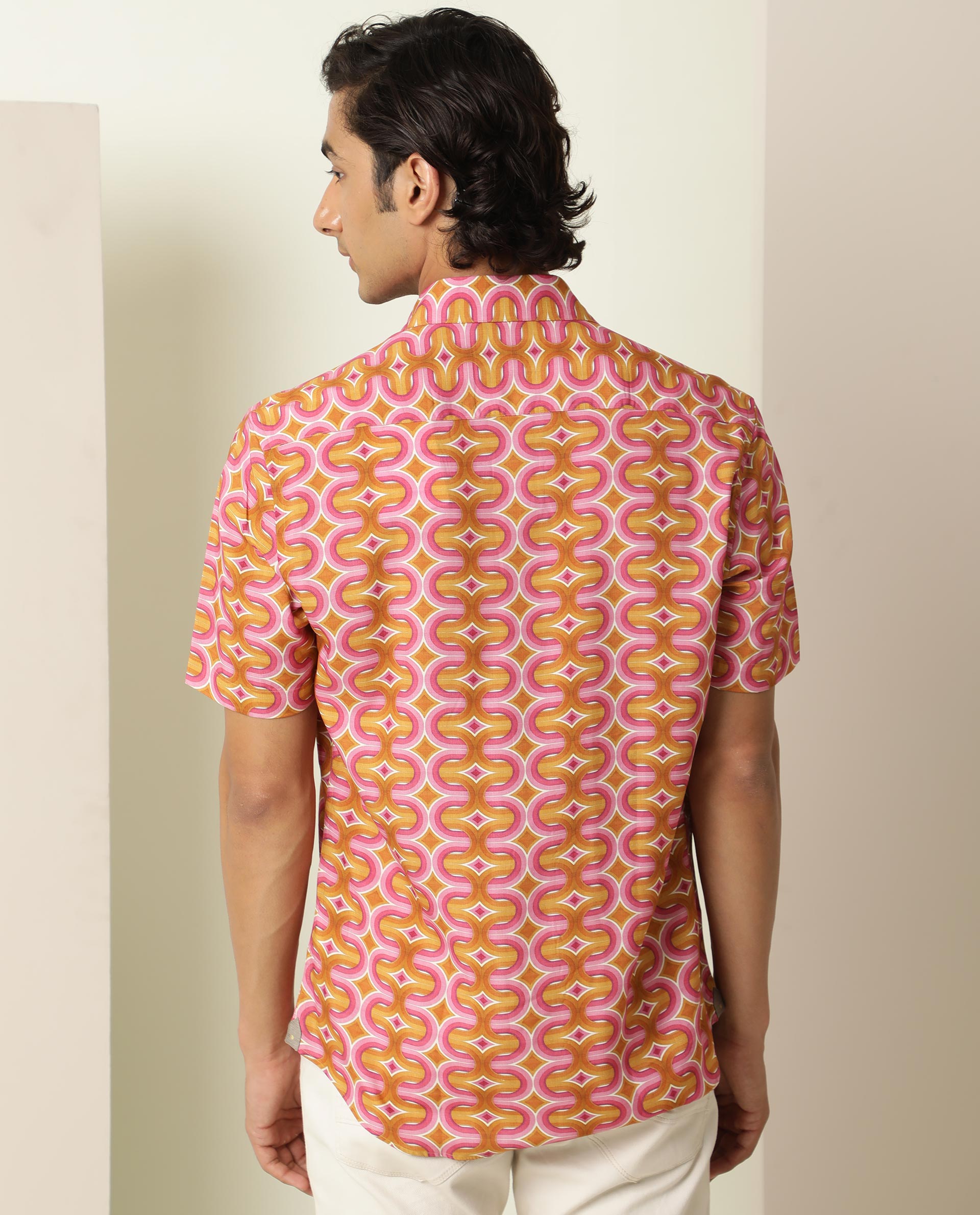Rare Rabbit Men's Rebeus Multi Viscose Fabric Geometric Retro Print Half Sleeves Shirt