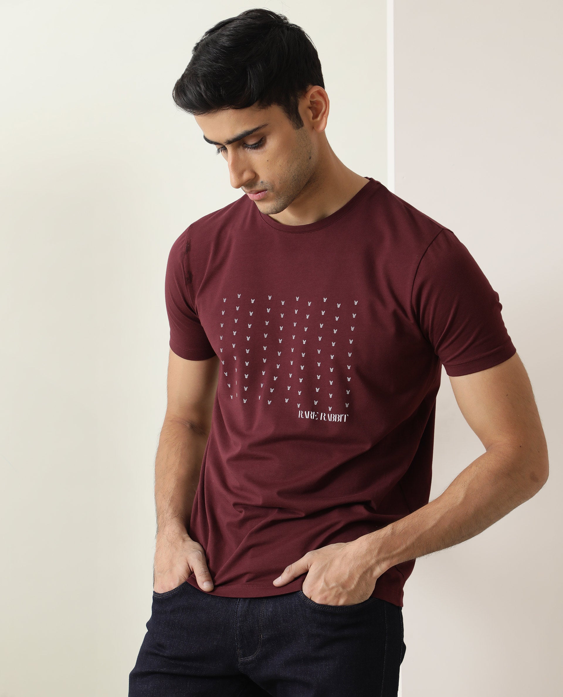 Rare Rabbit Men's Jitter Maroon Cotton Lycra Fabric Crew Neck Half Sleeves Regular Fit Graphic Printed Logo T-Shirt