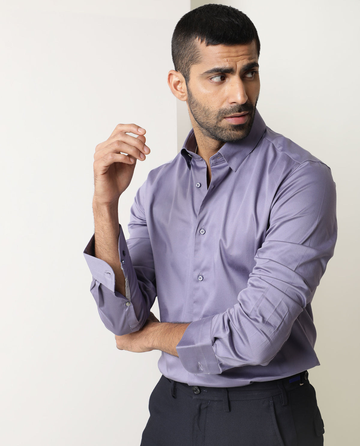 Rare Rabbit Men's Como Light Purple Satin Fabric Button Down Collar Full Sleeves Solid Formal Shirt