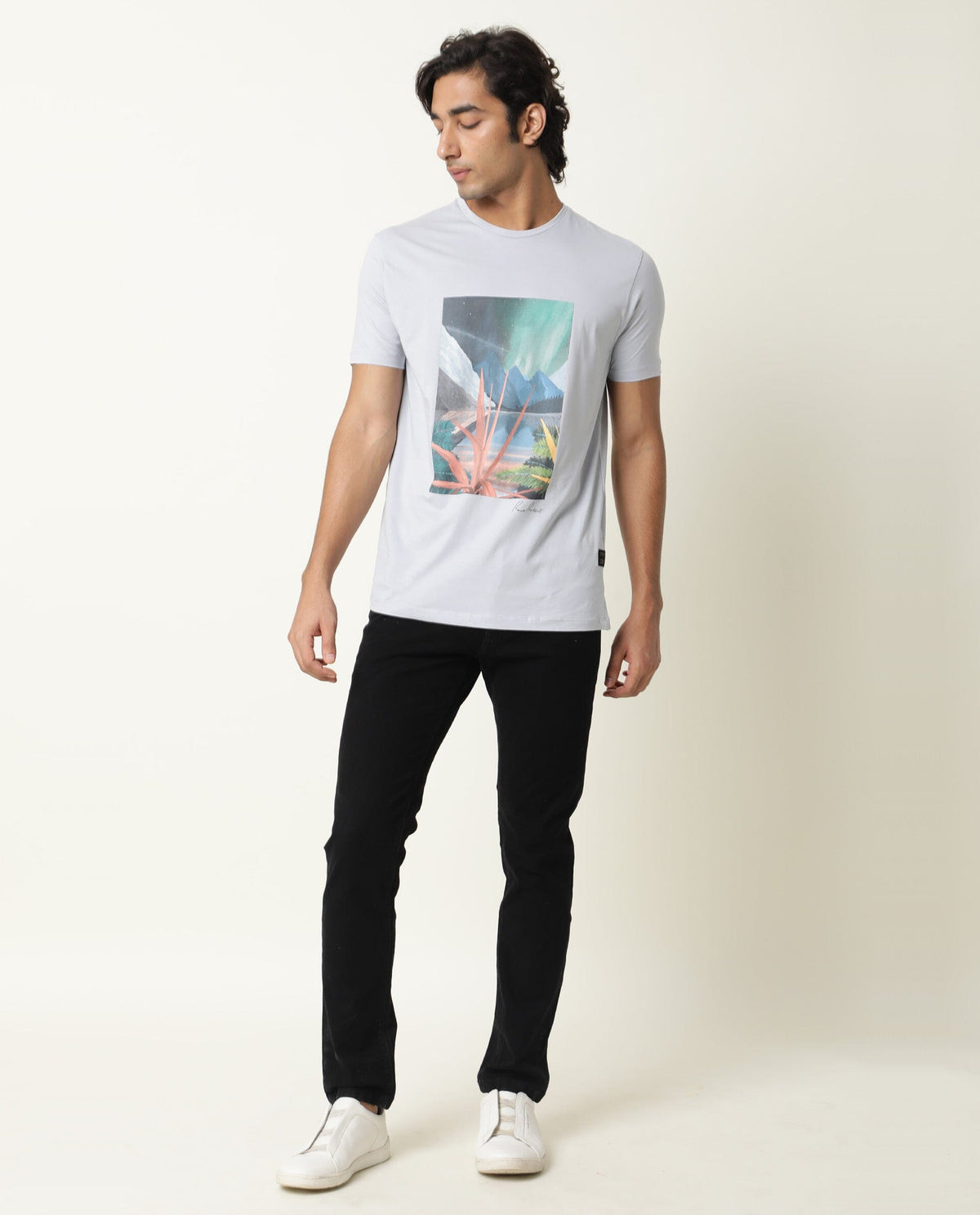 Rare Rabbit Men's Mount Blue Crew Neck Graphic Printed Half Sleeves Slim Fit T-Shirt