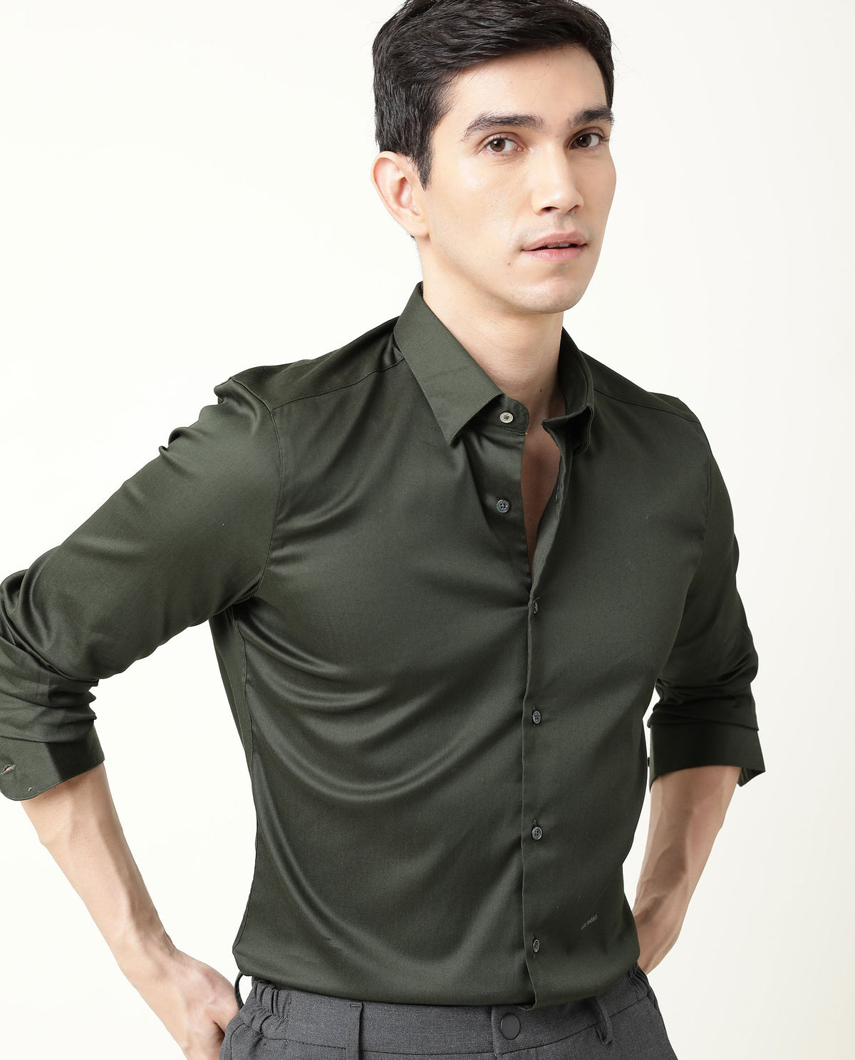RARE RABBIT MEN'S SATIN GREEN SHIRT COTTON FABRIC COLLARED NECK FULL SLEEVES BUTTON CLOSURE SLIM FIT