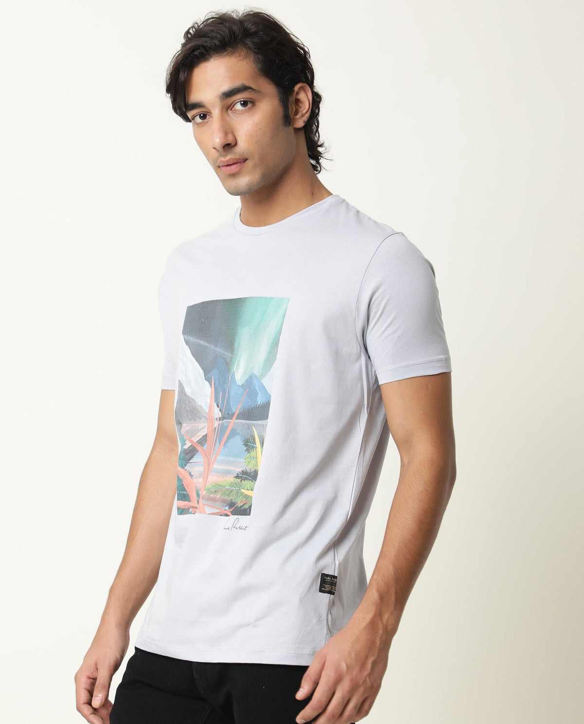 Rare Rabbit Men's Mount Blue Crew Neck Graphic Printed Half Sleeves Slim Fit T-Shirt