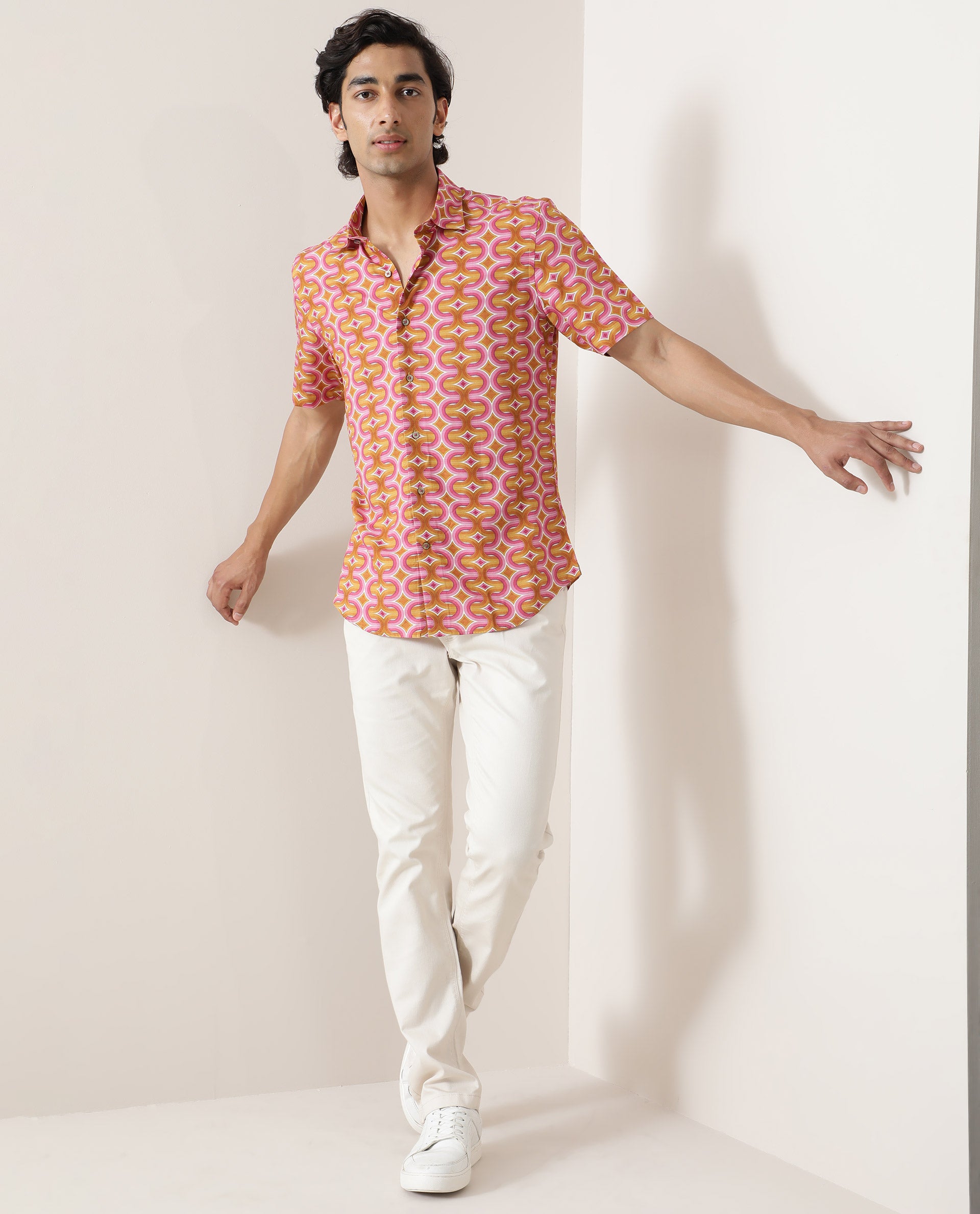 Rare Rabbit Men's Rebeus Multi Viscose Fabric Geometric Retro Print Half Sleeves Shirt