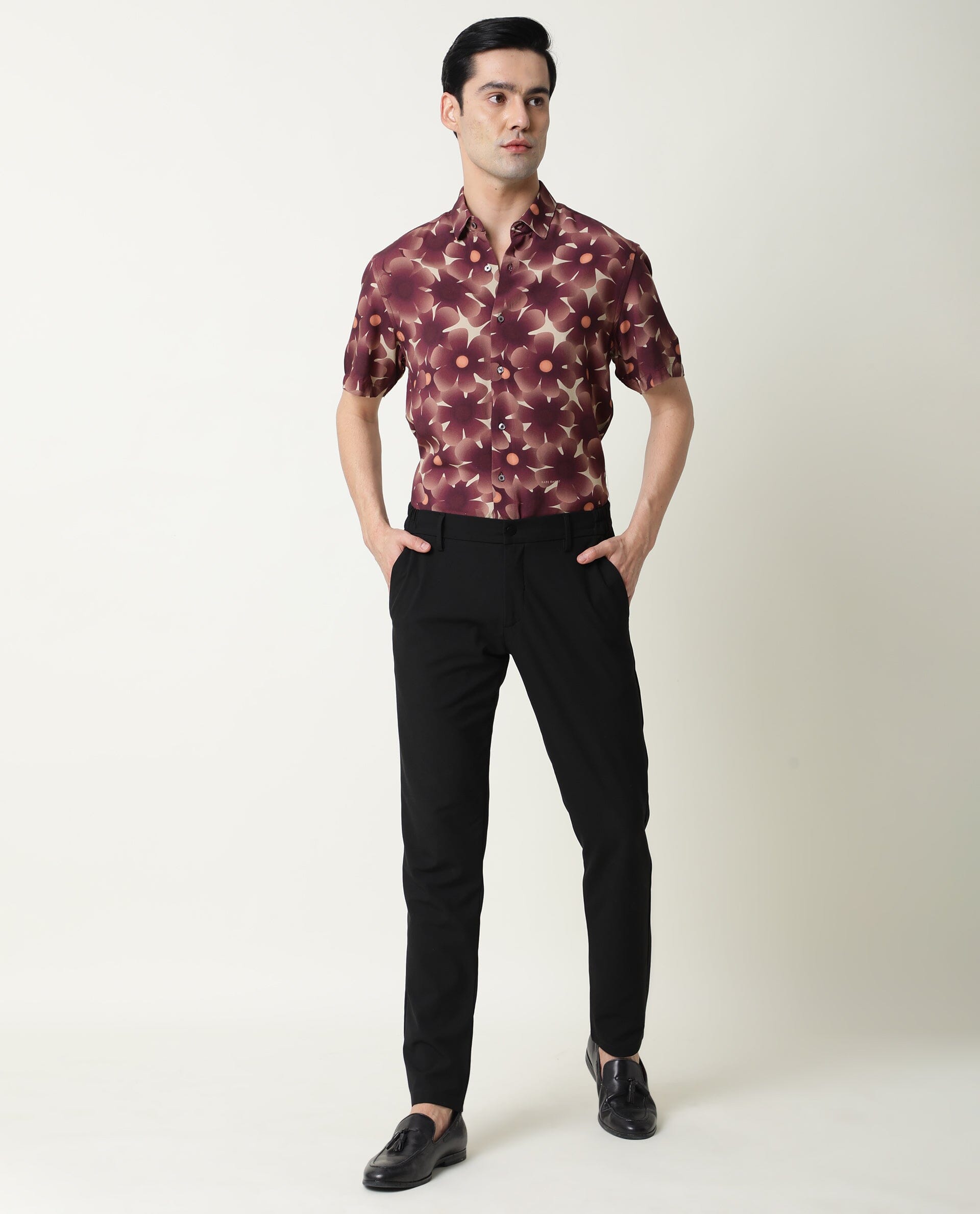 Rare Rabbit Men's Parles Brown Viscose Fabric Floral Print Half Sleeves Shirt