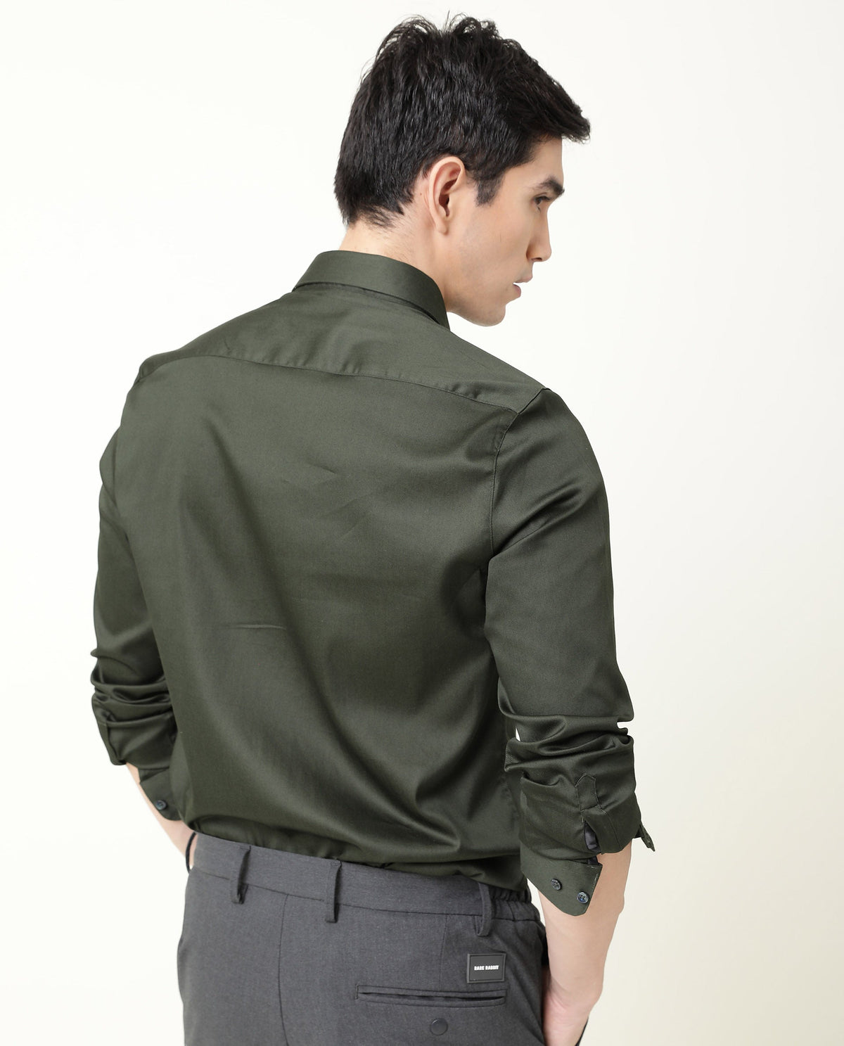 RARE RABBIT MEN'S SATIN GREEN SHIRT COTTON FABRIC COLLARED NECK FULL SLEEVES BUTTON CLOSURE SLIM FIT