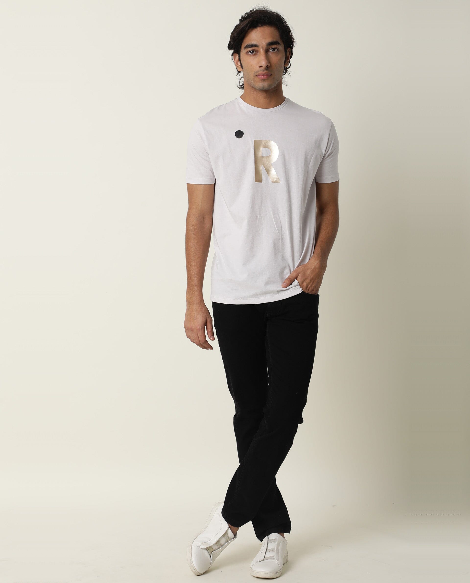 Rare Rabbit Men's Marion Grey Crew Neck Logo Printed Half Sleeves Slim Fit T-Shirt