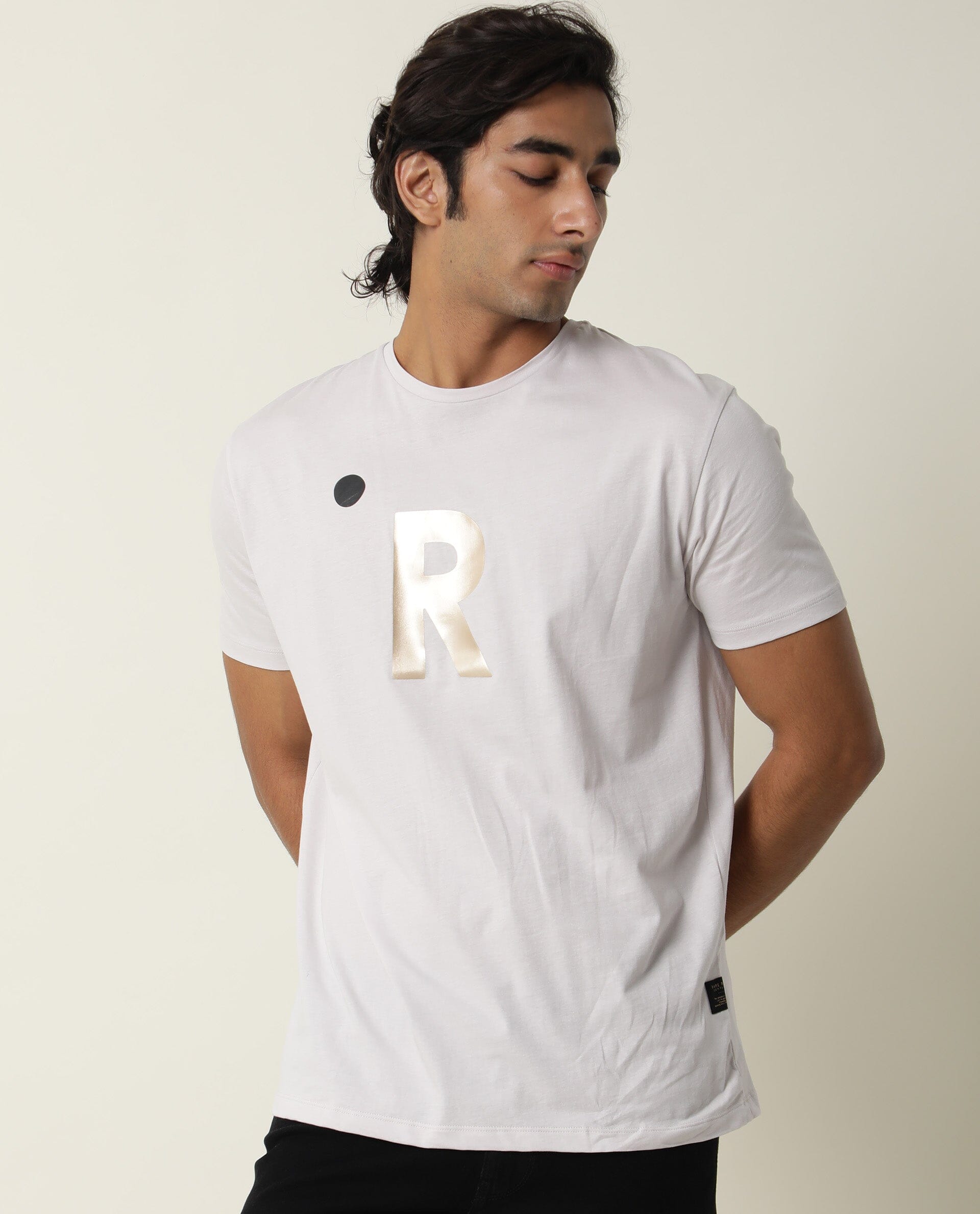 Rare Rabbit Men's Marion Grey Crew Neck Logo Printed Half Sleeves Slim Fit T-Shirt