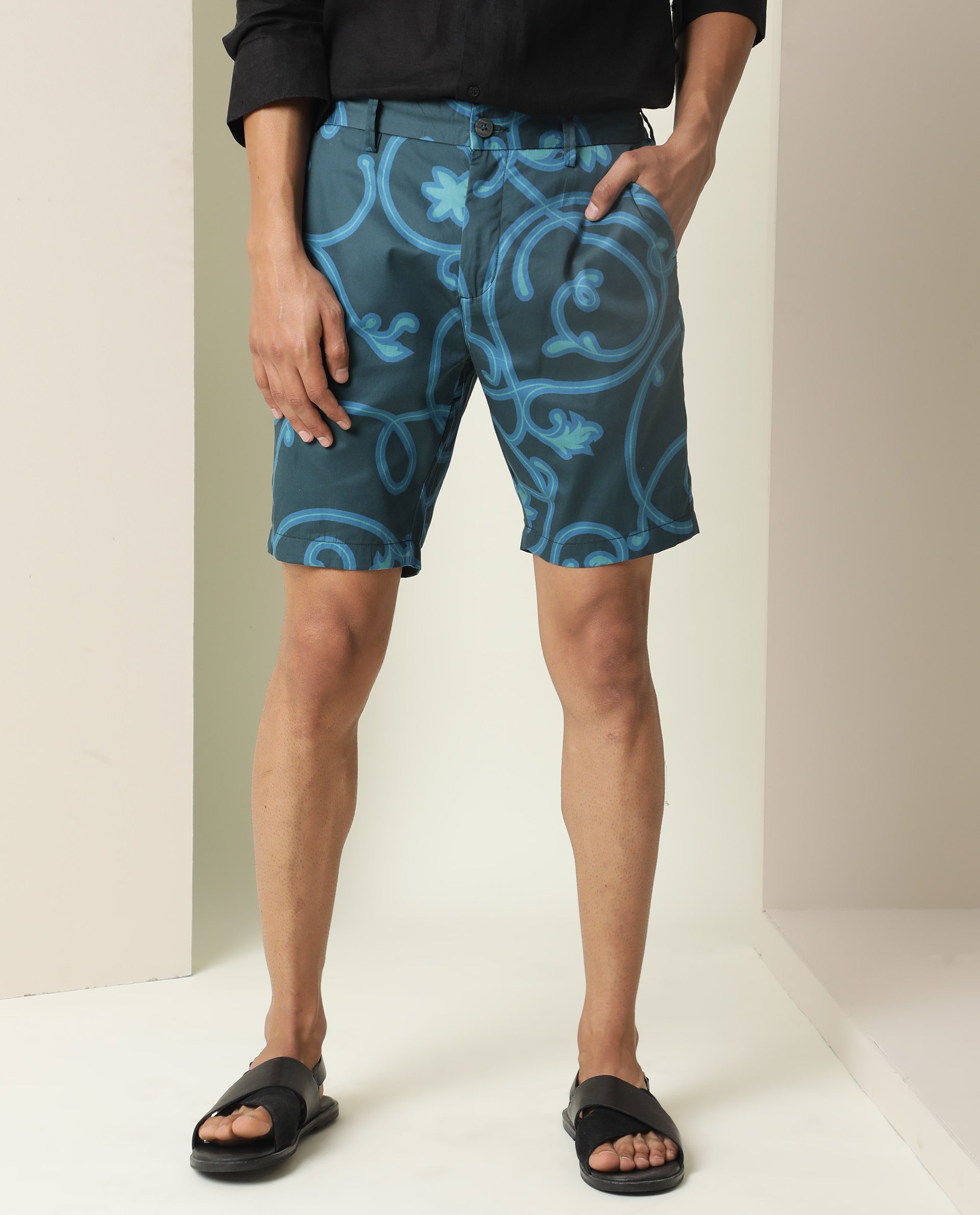 Rare Rabbit Mens Monlet Petrol Cotton Fabric Button & Zip Closure Regular Fit Mid Rise Abstract Print Shorts