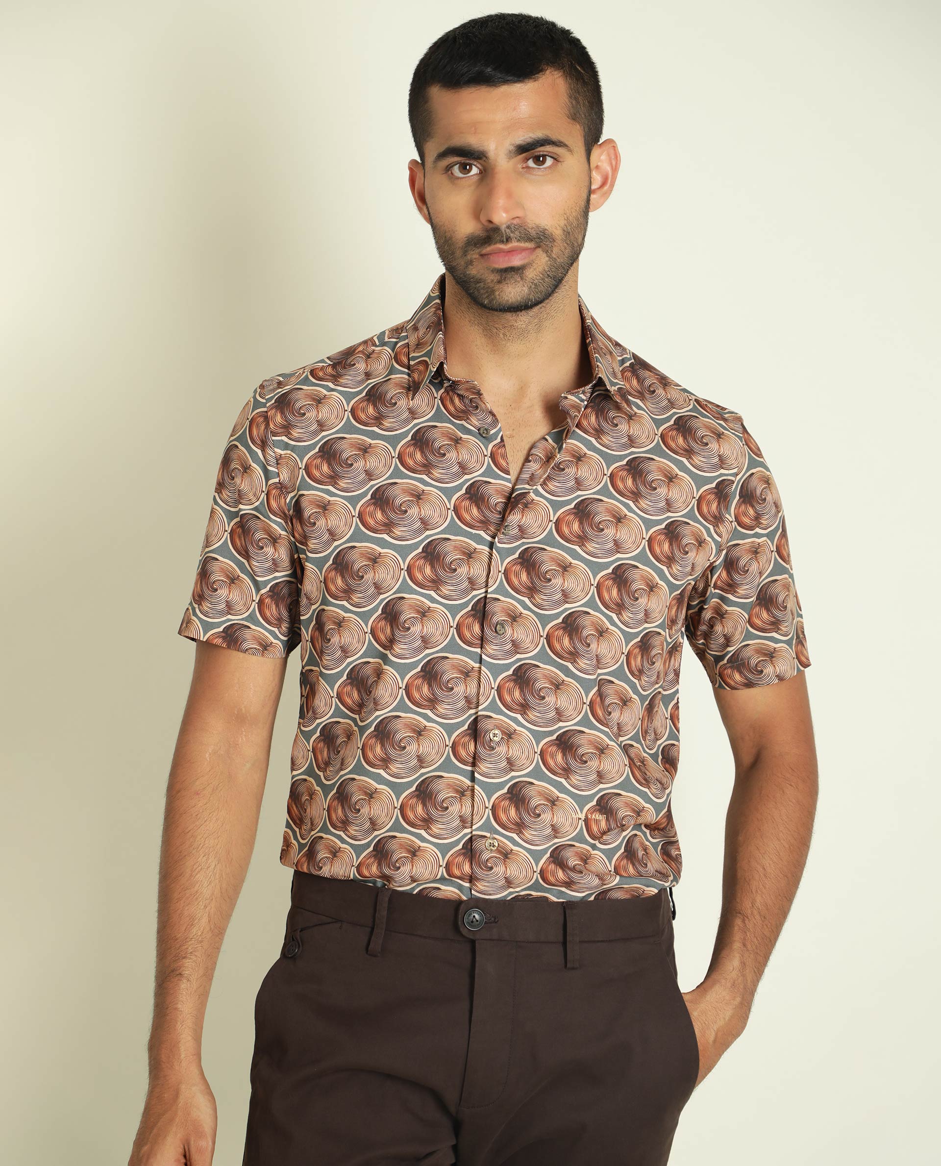 Rare Rabbit Men's Tymon Ss Grey Viscose Fabric Abstract Print Half Sleeves Shirt