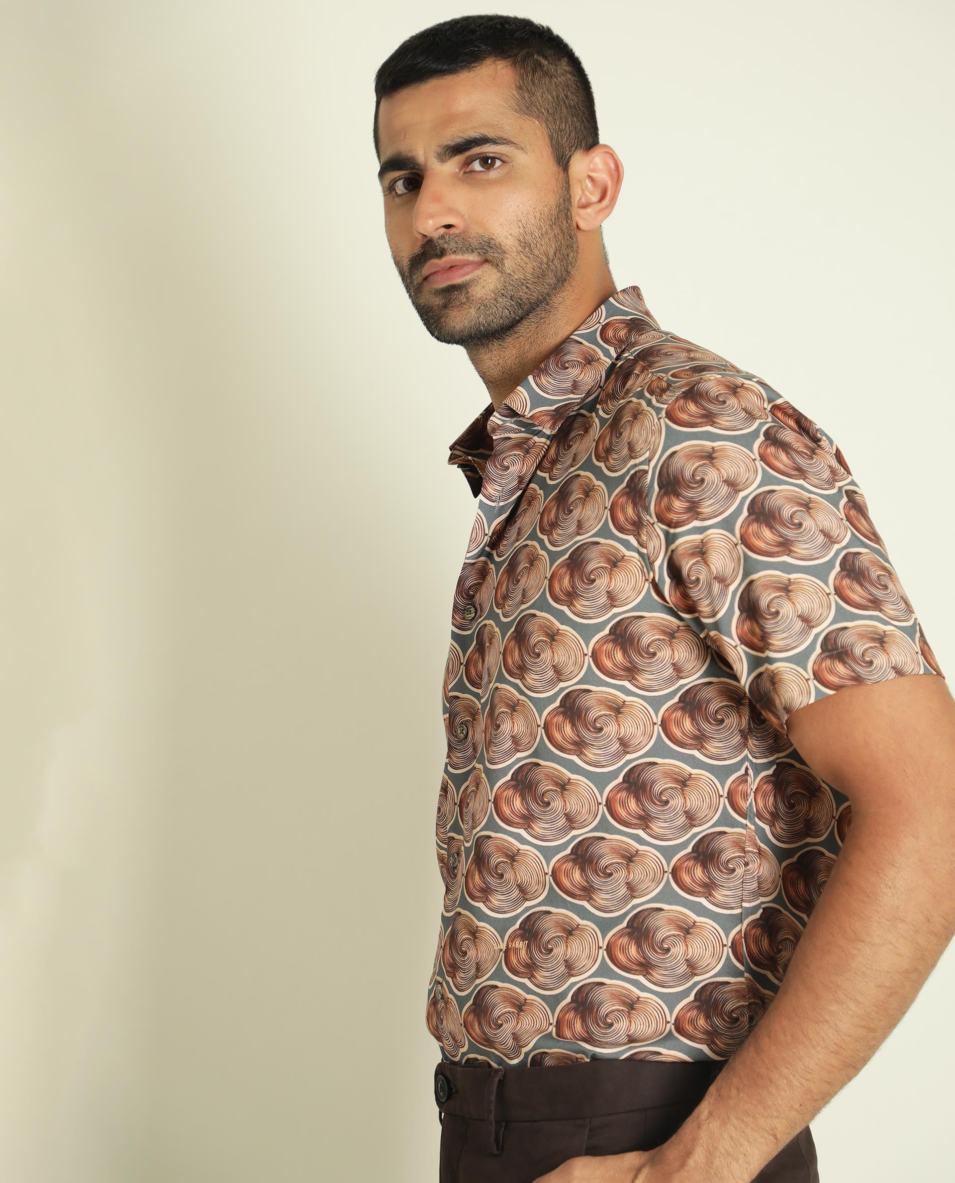 Rare Rabbit Men's Tymon Ss Grey Viscose Fabric Abstract Print Half Sleeves Shirt