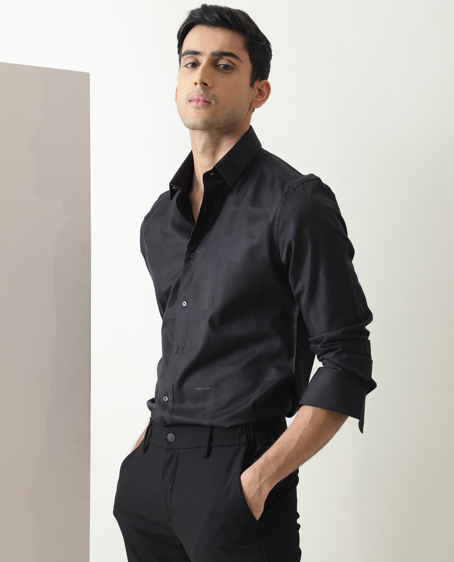 Rare Rabbit Men's Boxline Black Cotton Lyocell Fabric Full Sleeves Checks Print Shirt