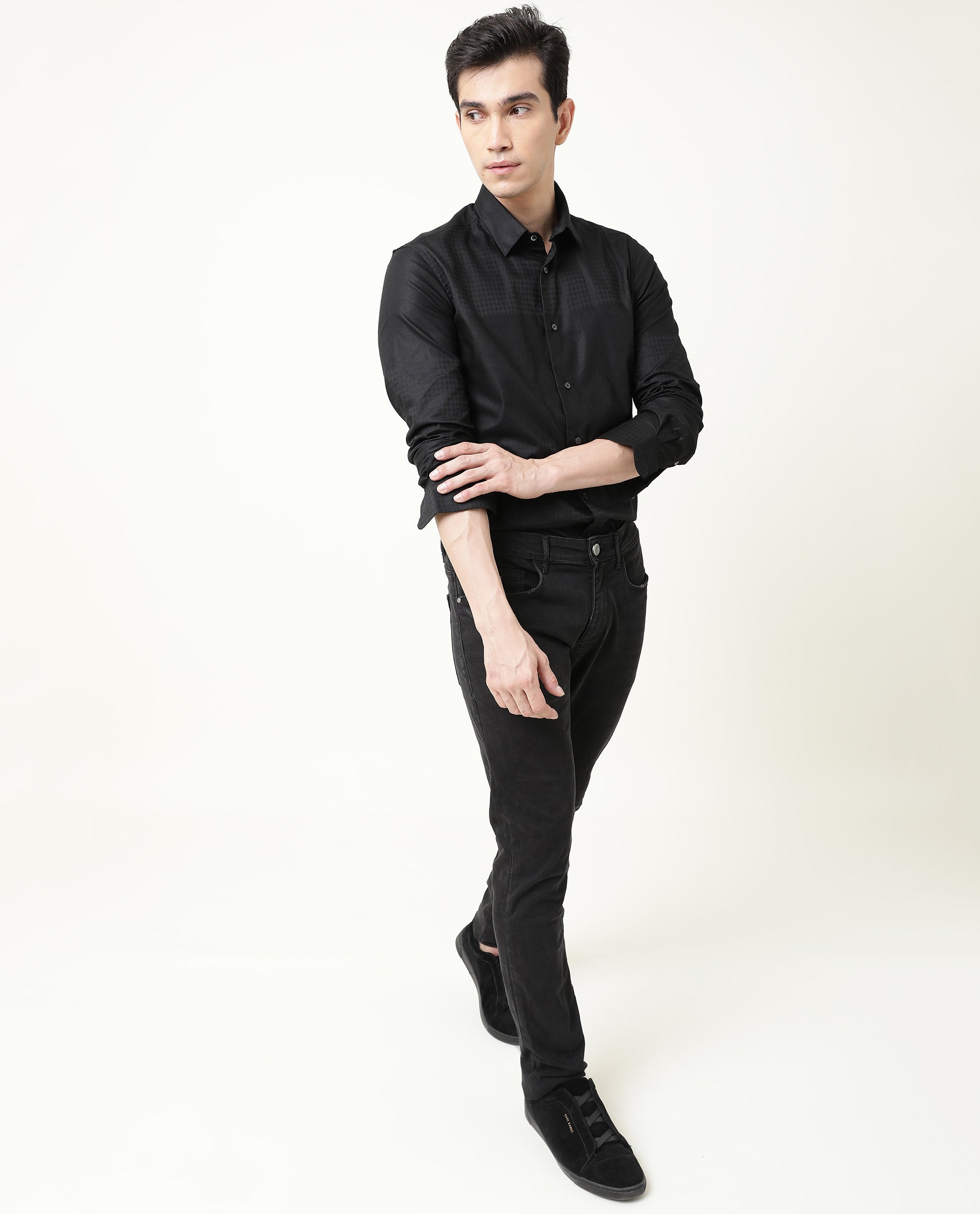 RARE RABBIT BOXXI PRIMARY BLACK SHIRT COTTON LYOCELL FABRIC FULL SLEEVE SPREAD COLLAR SLIM FIT