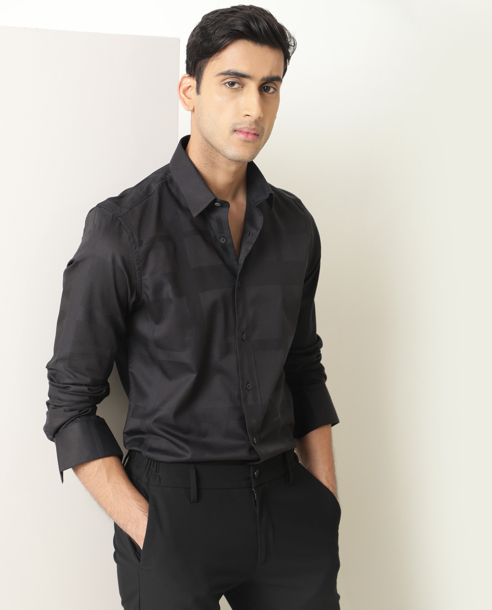 Rare Rabbit Men's Boxline Black Cotton Lyocell Fabric Full Sleeves Checks Print Shirt