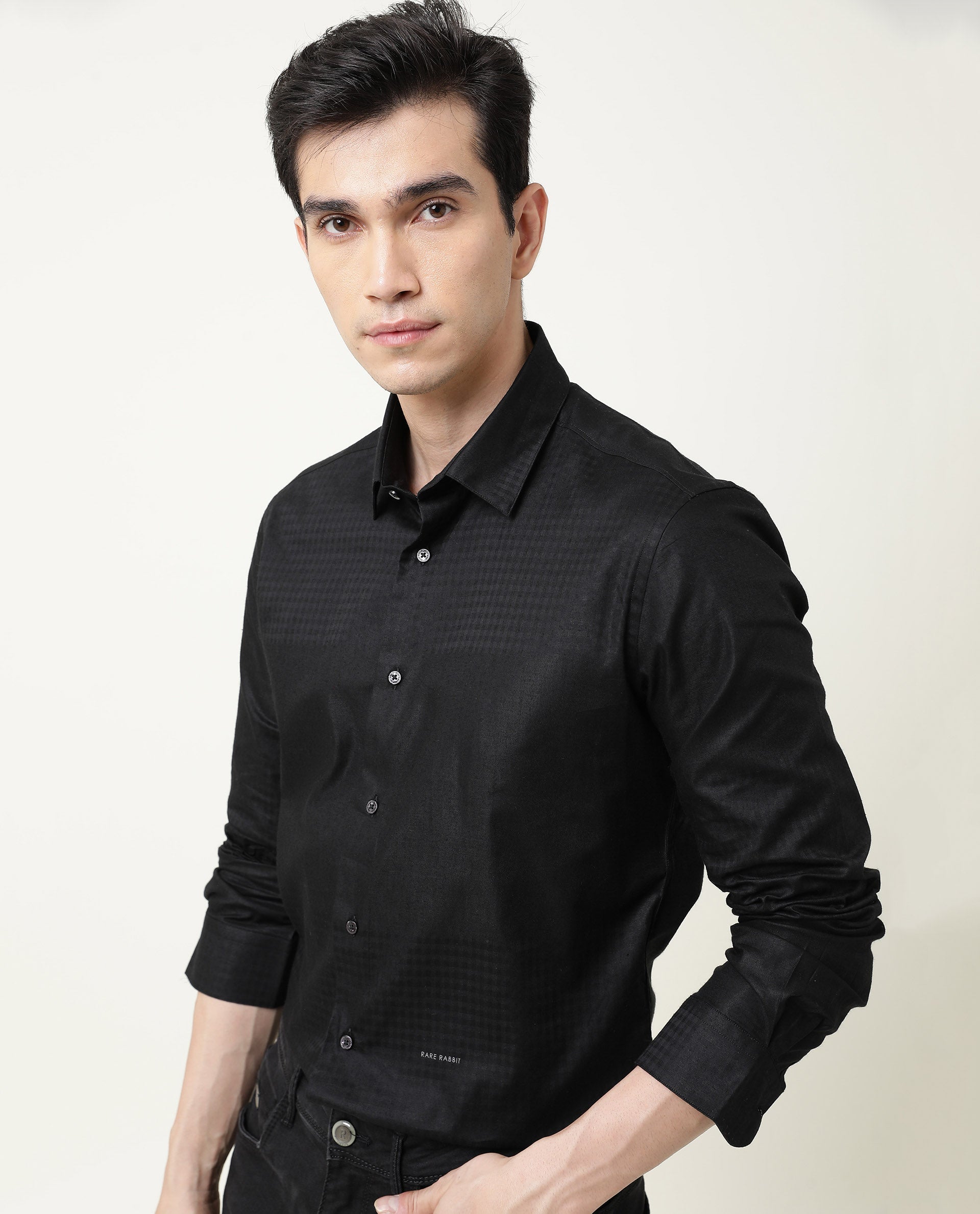 RARE RABBIT BOXXI PRIMARY BLACK SHIRT COTTON LYOCELL FABRIC FULL SLEEVE SPREAD COLLAR SLIM FIT