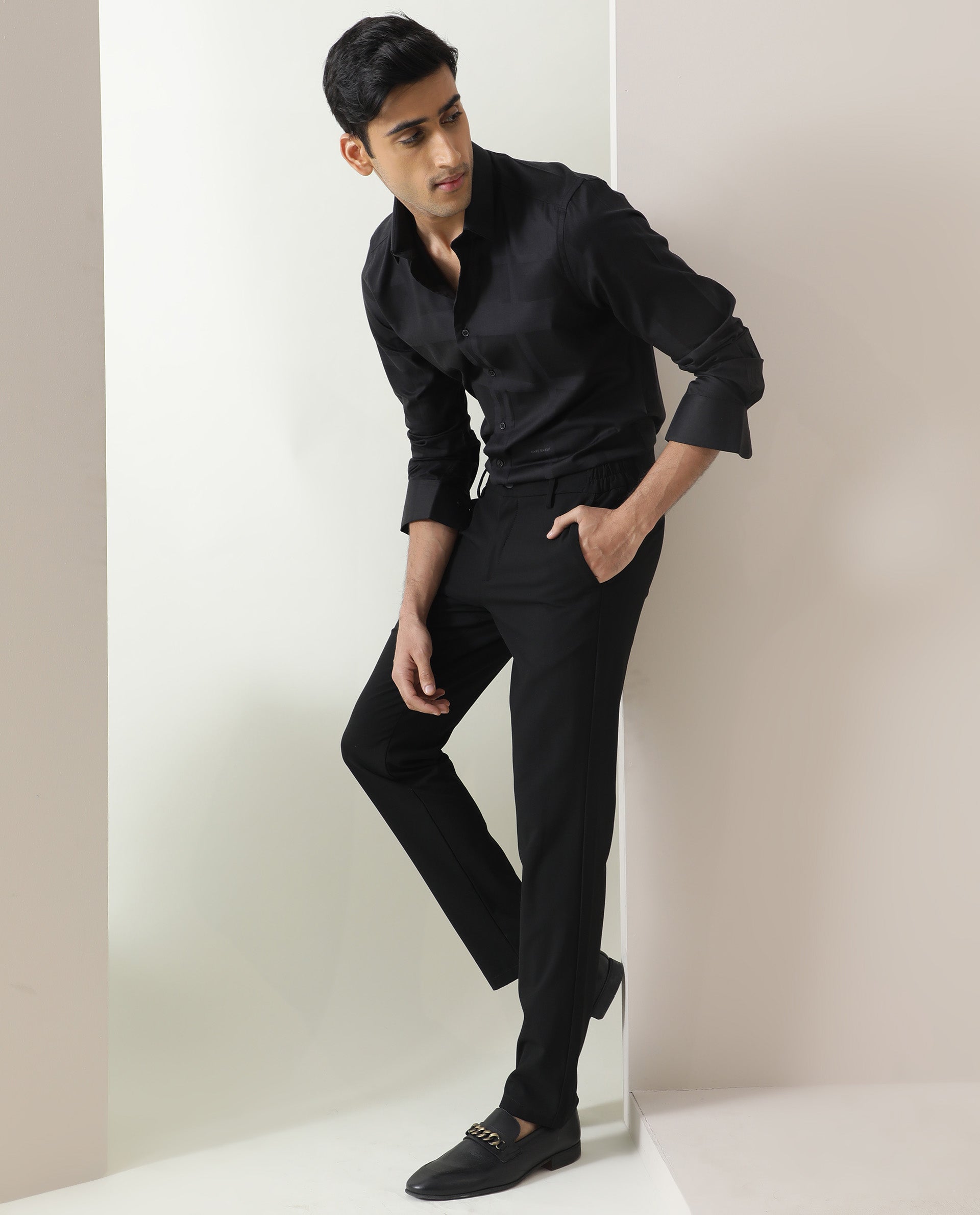 Rare Rabbit Men's Boxline Black Cotton Lyocell Fabric Full Sleeves Checks Print Shirt