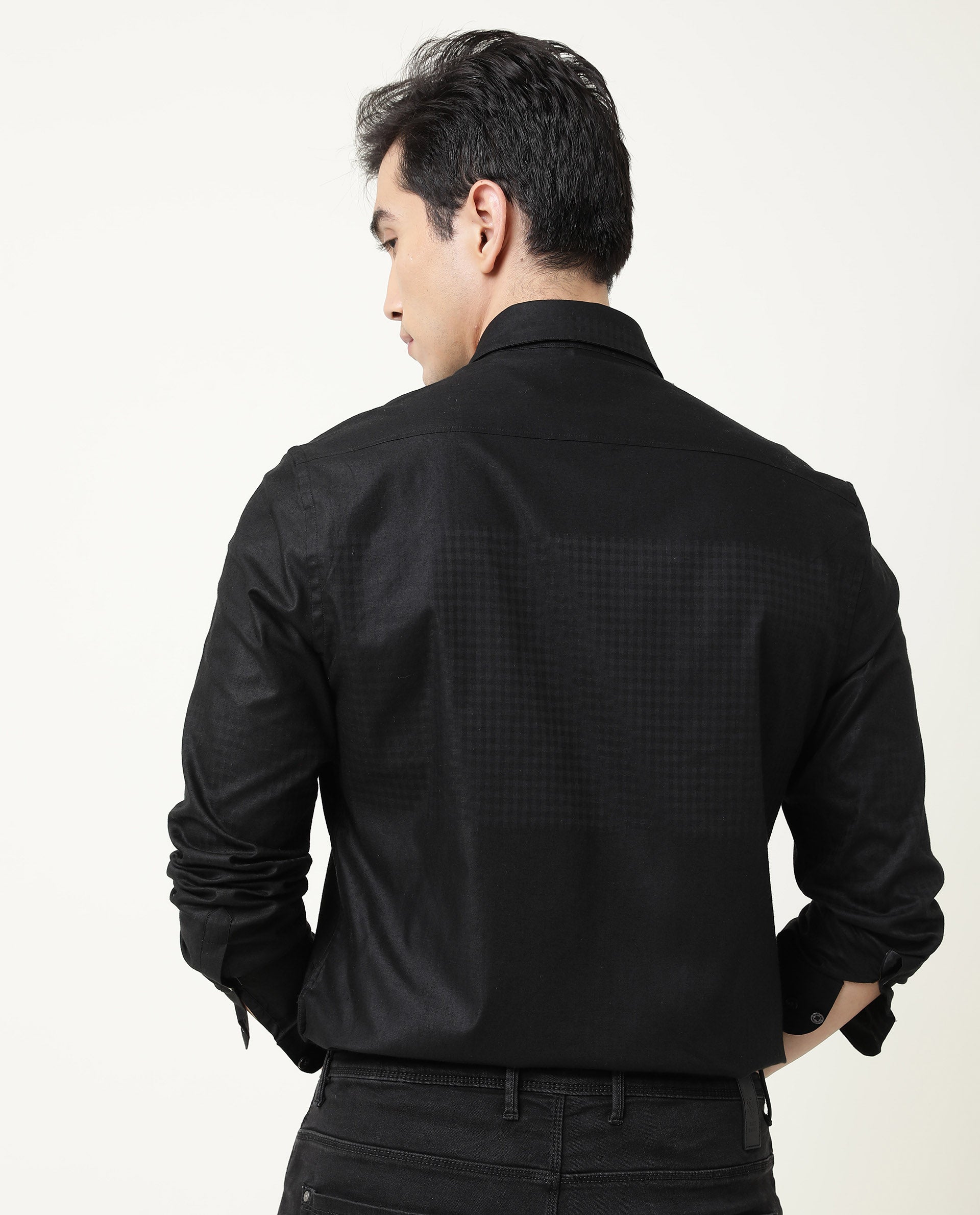 RARE RABBIT BOXXI PRIMARY BLACK SHIRT COTTON LYOCELL FABRIC FULL SLEEVE SPREAD COLLAR SLIM FIT