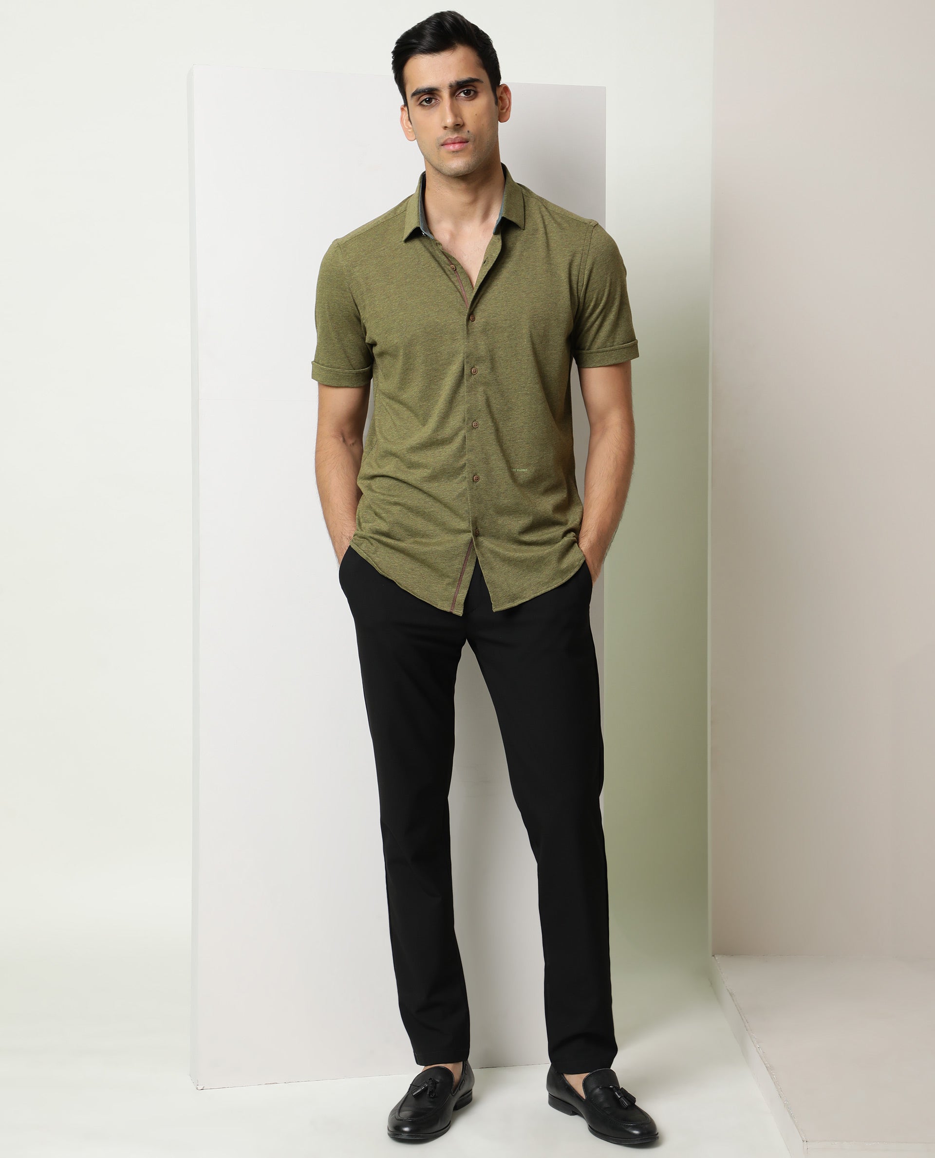 Rare Rabbit Men's Miraj Olive Cotton Fabric Half Sleeves Solid Melange Shirt