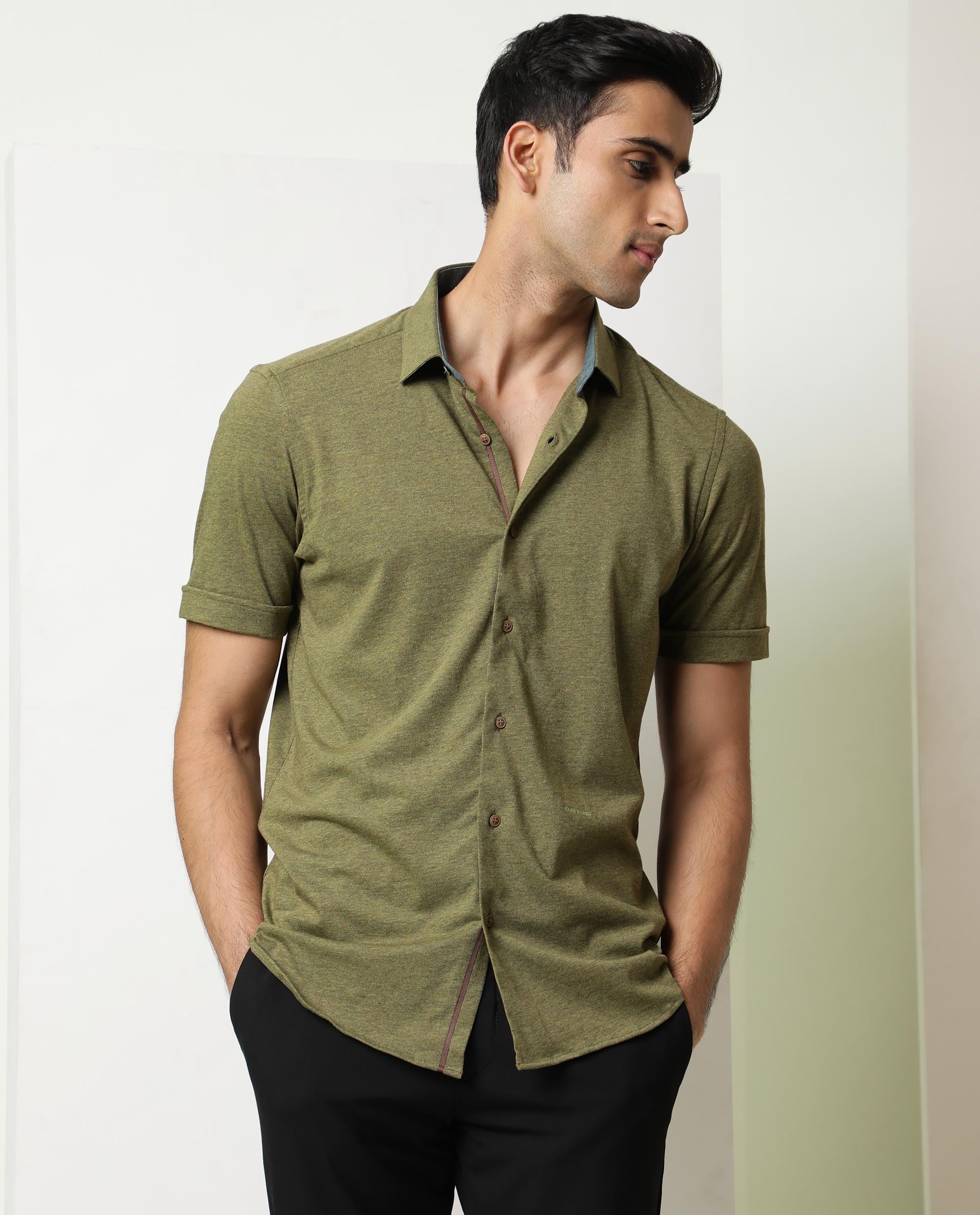 Rare Rabbit Men's Miraj Olive Cotton Fabric Half Sleeves Solid Melange Shirt