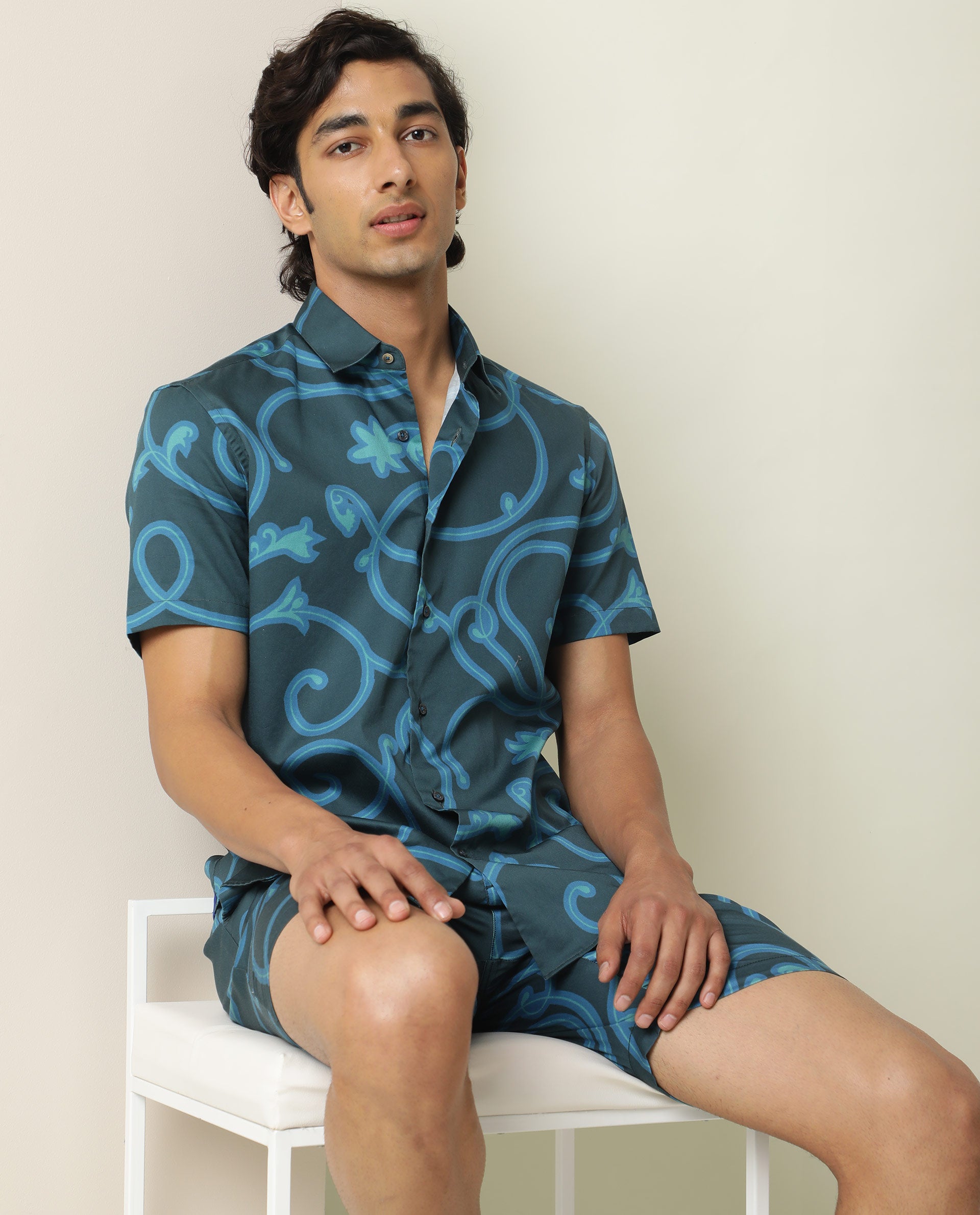 Rare Rabbit Men's Montil Petrol Cotton Fabric Half Sleeves Abstract Print Shirt