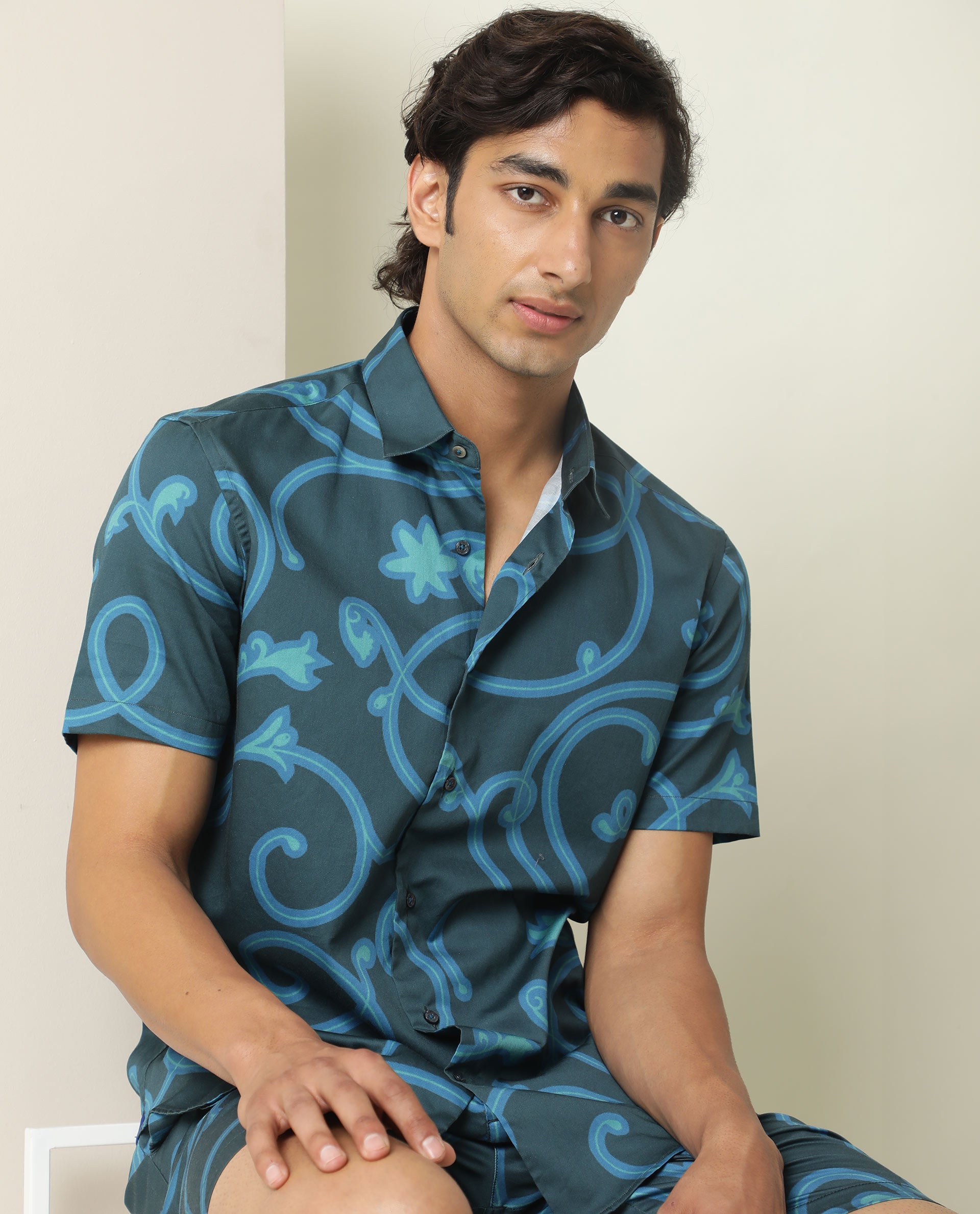Rare Rabbit Men's Montil Petrol Cotton Fabric Half Sleeves Abstract Print Shirt