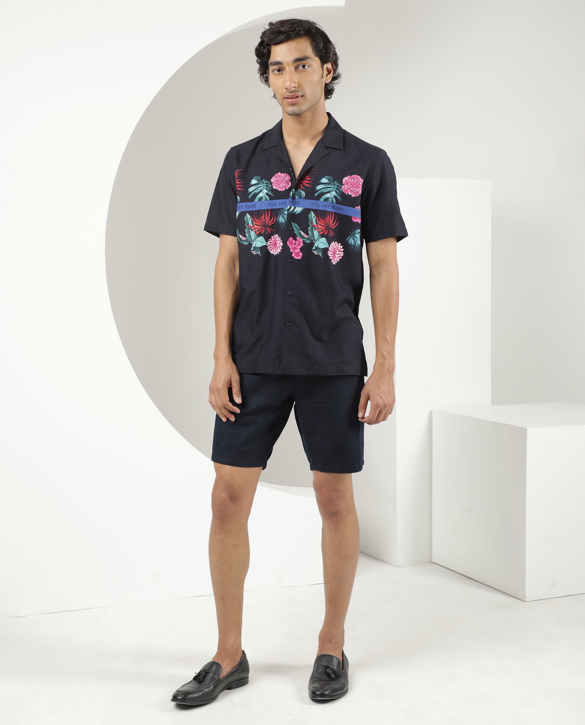 Rare Rabbit Men's Tropic Navy Viscose Fabric Cuban Collar Floral Print Half Sleeves Shirt